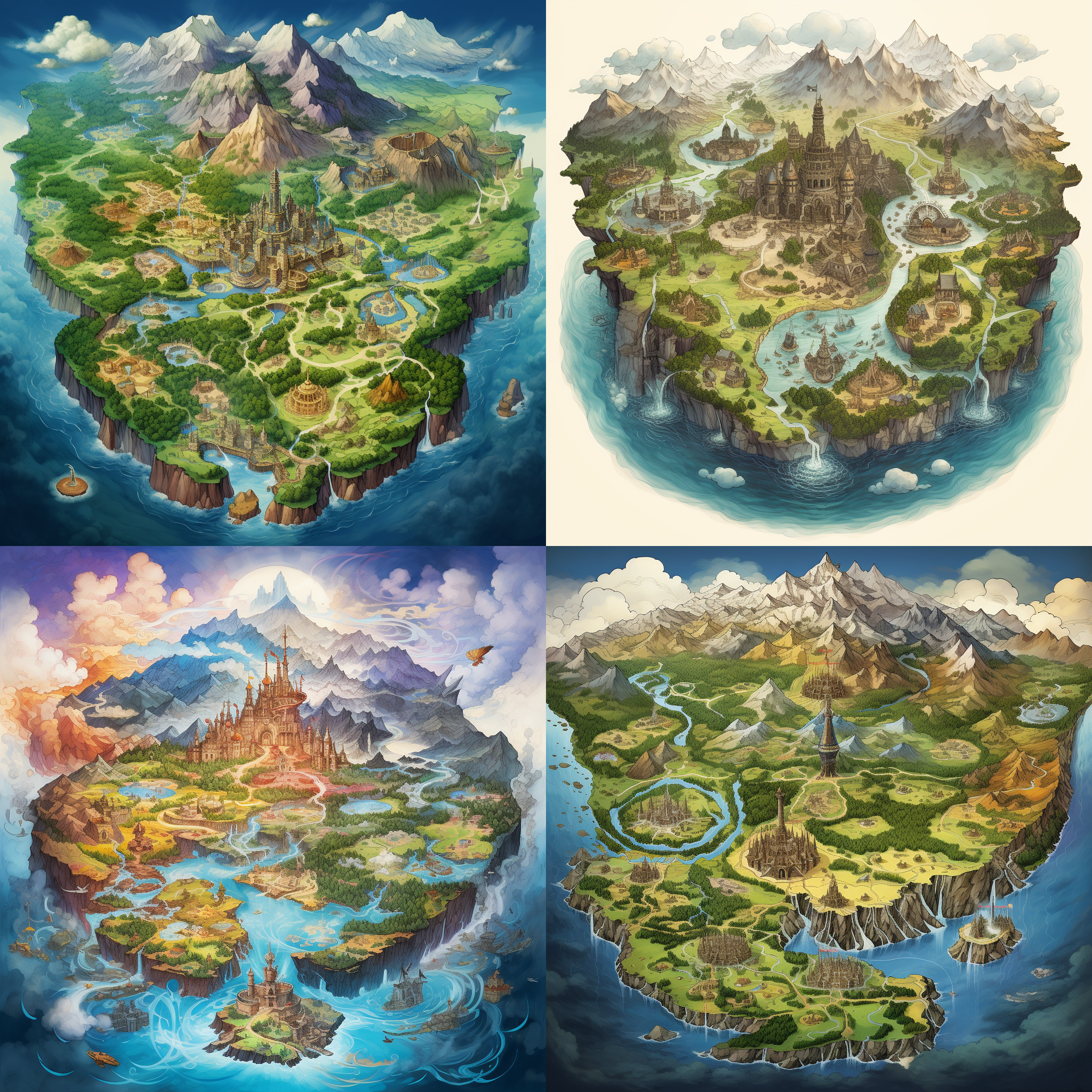 架空世界大陆地图，细节丰富，整体饱满，风格唯美，地形多样，山脉、河流、森林、湖泊错落有致。地图上有城市、村庄、古迹等标记，呈现出浓厚的奇幻氛围。色彩明亮鲜艳，运用了水彩渲染和手绘风格，给人一种神秘而充满探索欲望的感觉。