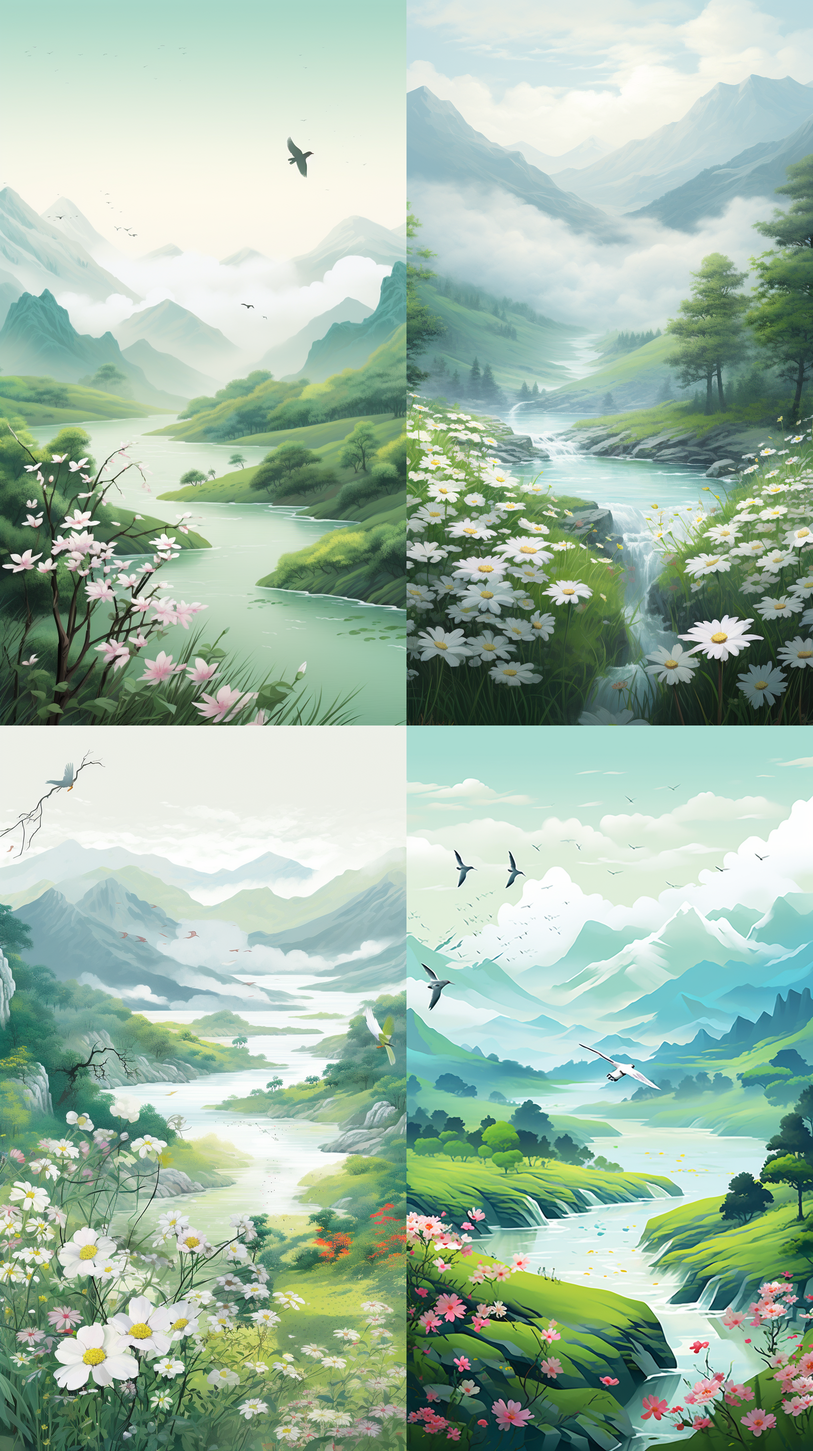 清明节，山，花，燕子，小溪，雨，春天，早晨，平面设计风格， 插图，绿色，杰作，舒适的配色，柔和的光线，广角，颜色柔和点