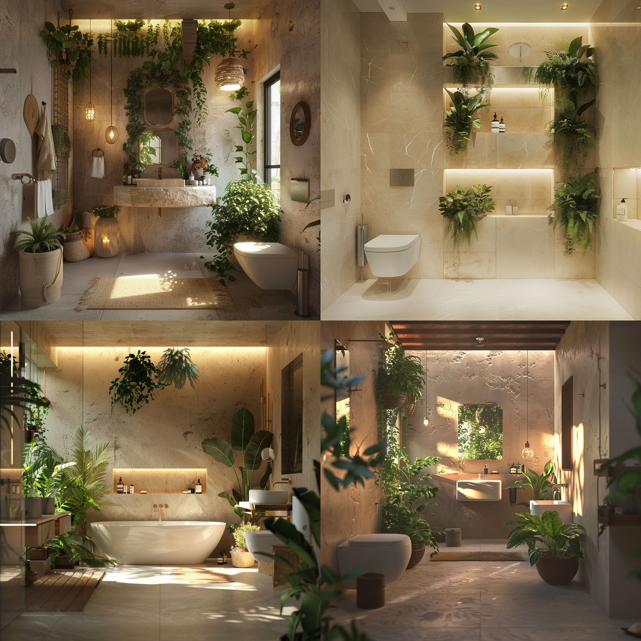 浴室装饰奶油风，绿色植物点缀，温暖柔和光线，光线追踪，环境光遮挡，体积阴影，现代风格，舒适，清新，自然。