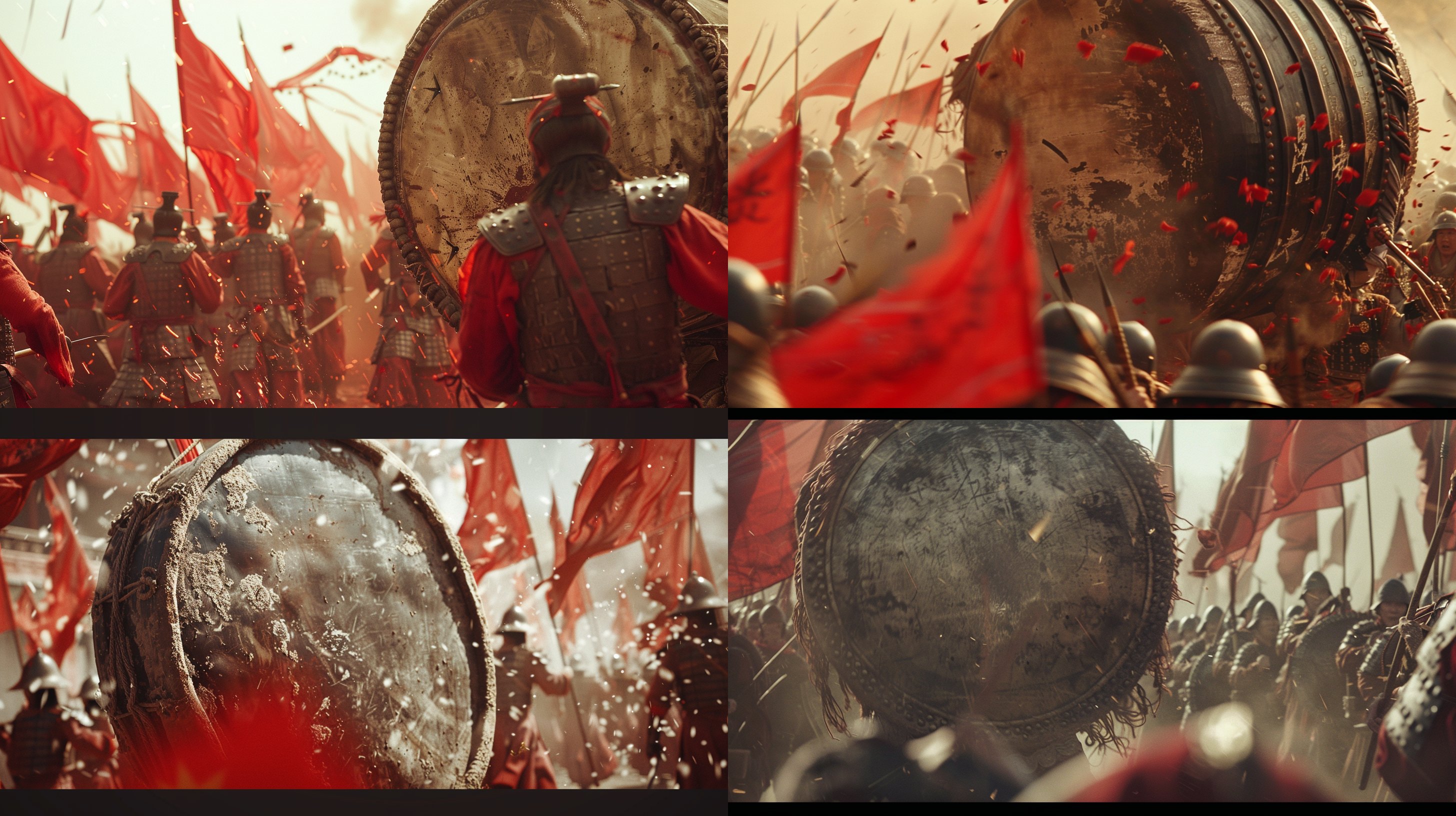 中国大明朝巨型战鼓特写镜头，响声震天，红色战旗招展，尘土飞扬，打鼓的士兵浑身沾满了尘土和作战痕迹，以电影拍摄的视角将镜头对准战鼓，士兵斗志昂扬的气势，自动去除噪点， 8k超高清的细腻画质，画面细节、色彩极为丰富，色彩饱和