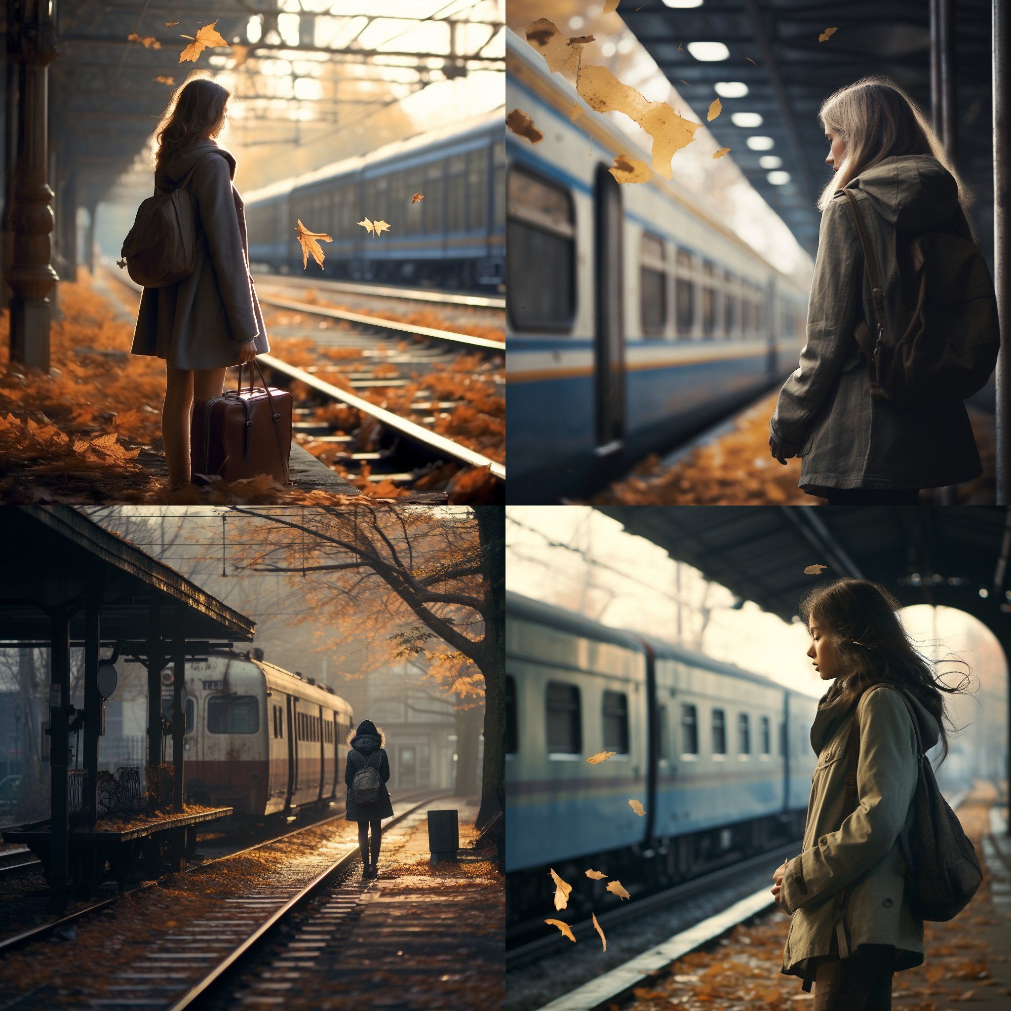 女孩候车，双手交叉，清晨萧瑟，风落叶，冷，动车站，未来风格，柔焦镜头，侧光，冷色调，思索，孤独。