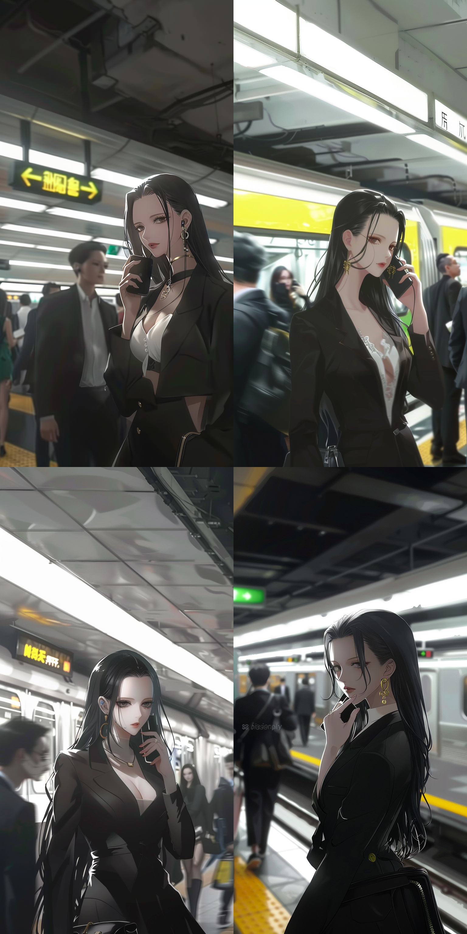 女帝汉库克，站在地铁站，左后侧视图，接电话，中分长发，s型耳环，胸挂吊牌，黑色西装，白色打底衫，短裙，手提公文包，高跟鞋，上下地铁的人群，科幻风，32k，富士滤镜，广角镜头，佳能单反 超现实主义 高调照明 白金