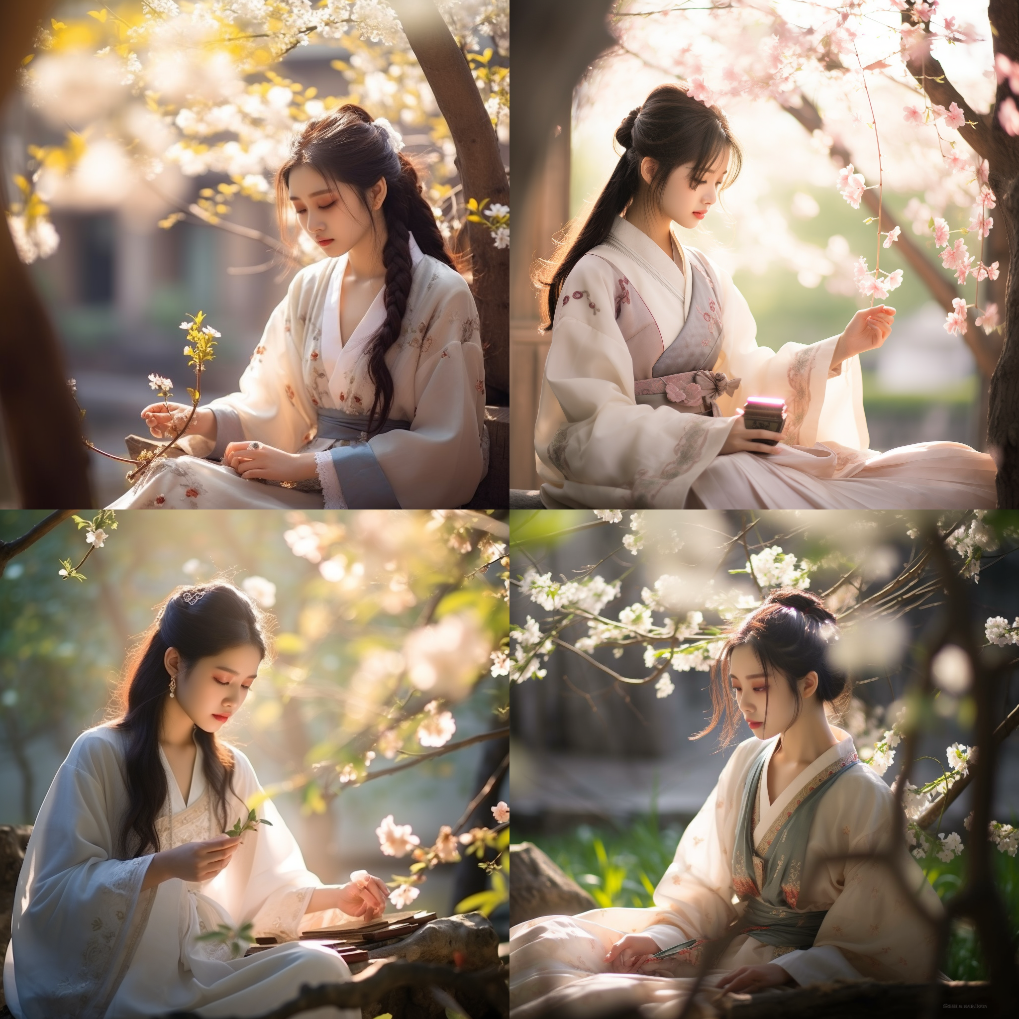 汉服少女，婴花树下，一束光线 古风，汉服，花朵，树木，阳光，柔和光线，抓拍，端庄，优雅，柔和色调。