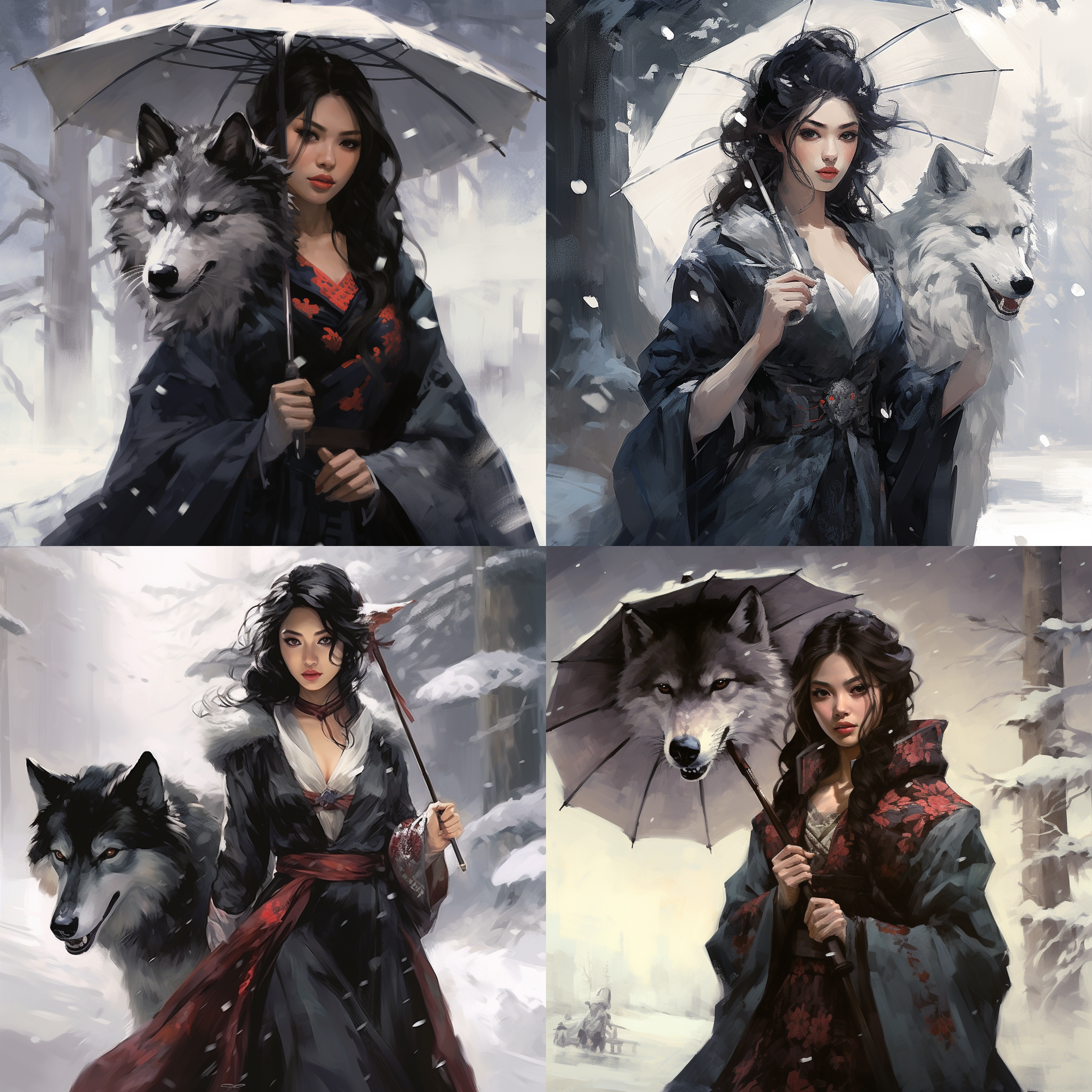 美女撑油墨雨伞，穿旗袍，雪中与狼同行，暗调，细节丰富，大光圈，风雪，侧光，柔和色彩，优雅，神秘。