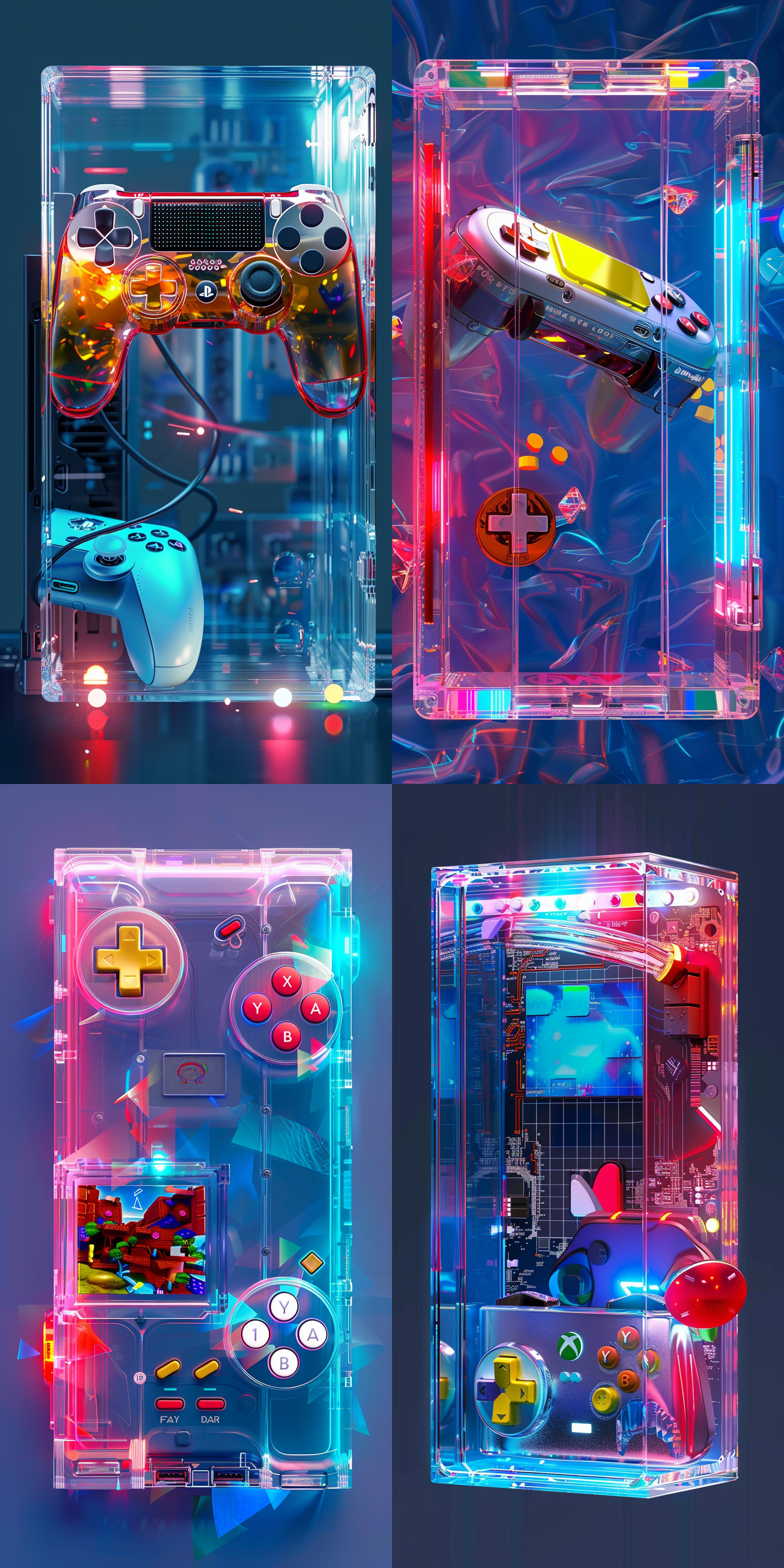 一个透明的游戏机，玻璃质感，绚丽的灯，