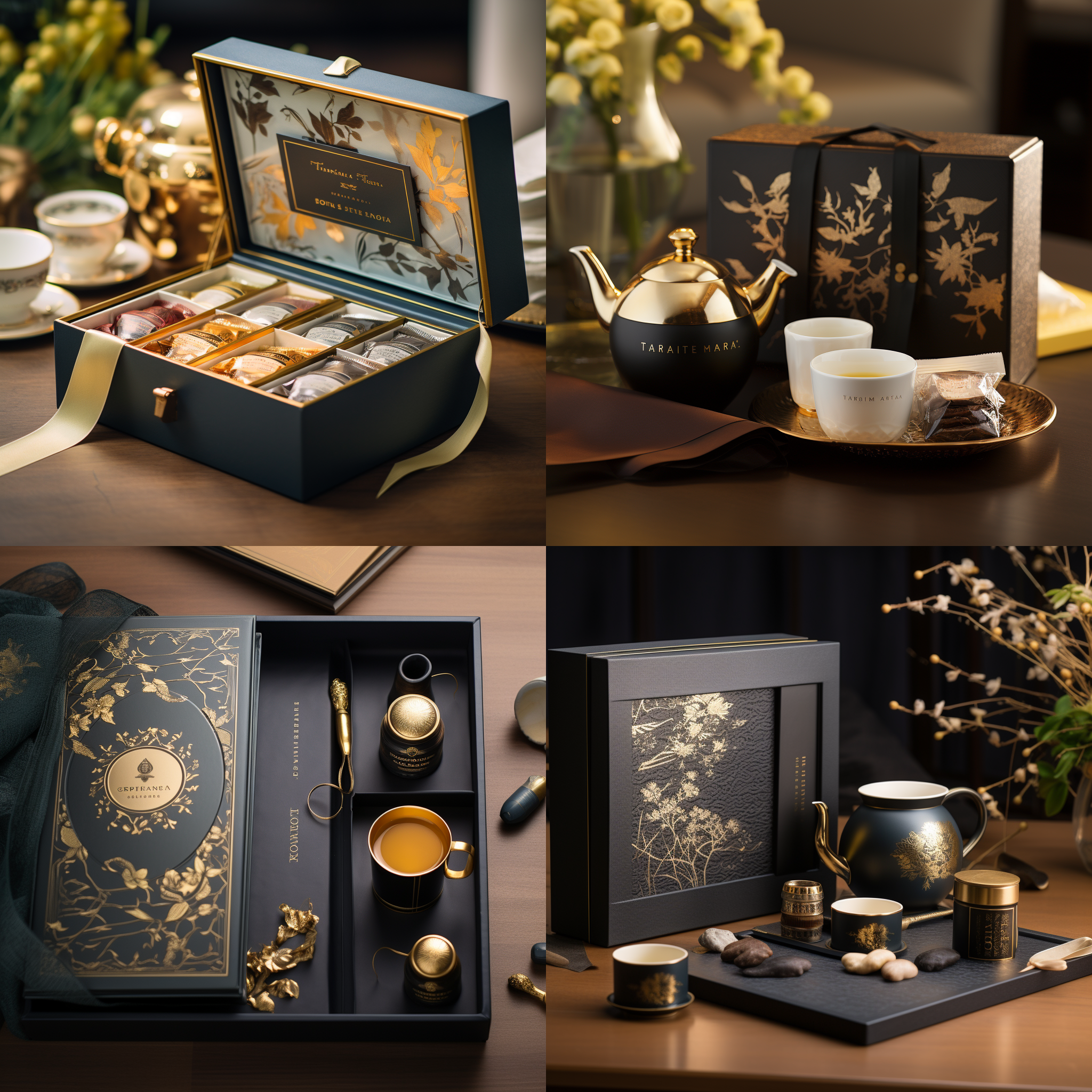 精品茶叶礼盒，金色烫印，优雅布局，高质感环境，暖色调，微距镜头，细节丰富，柔和侧光，品茗动作，传统与现代融合，典雅。