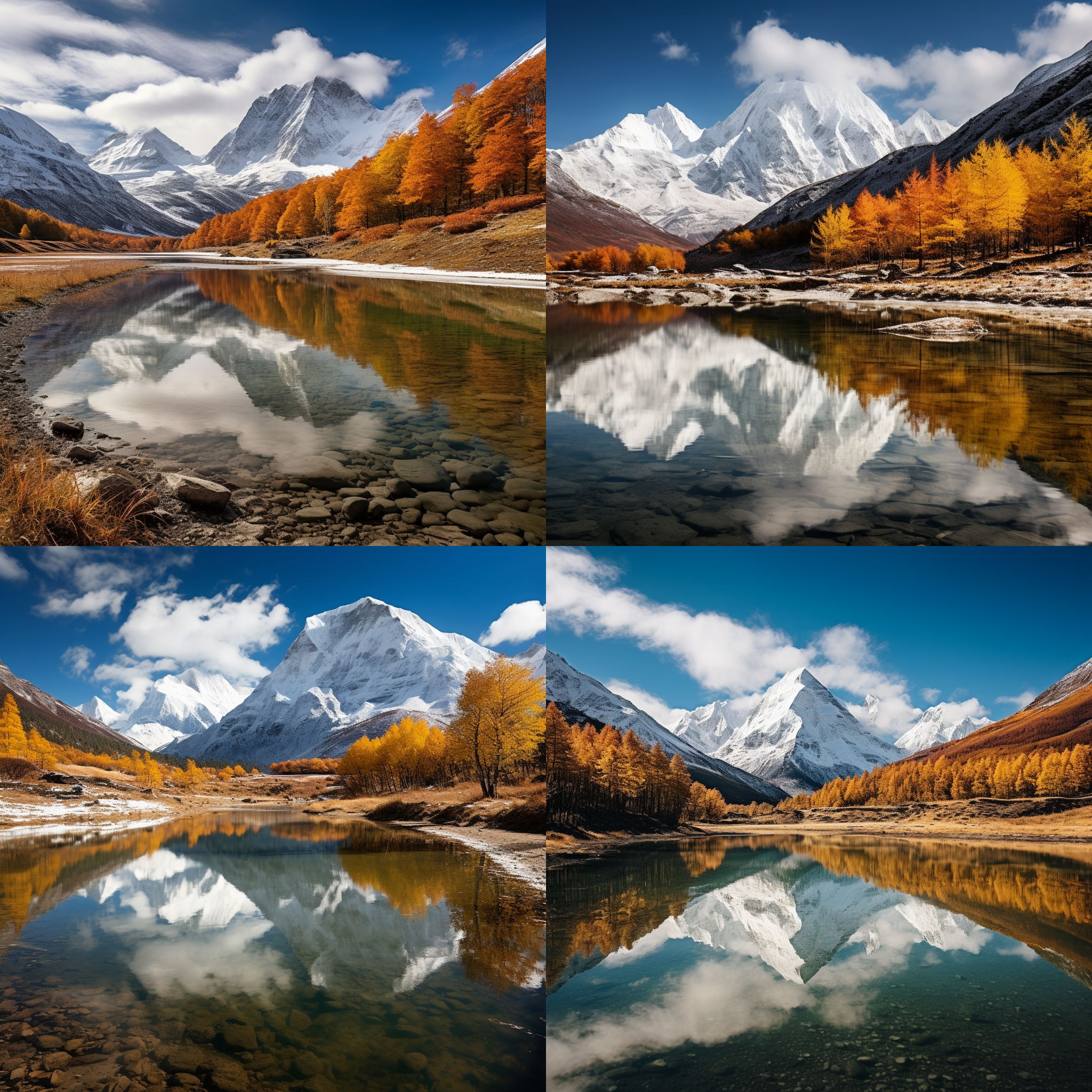 稻城亚丁秋景，雪山背景，湖泊倒影，五彩斑斓树叶，远处藏民帐篷，宁静祥和，自然色调，静态构图，温暖光影，和谐平衡。慢门拍摄，广角镜头，山水结合，对角线布局，柔和色彩，宁静情感。