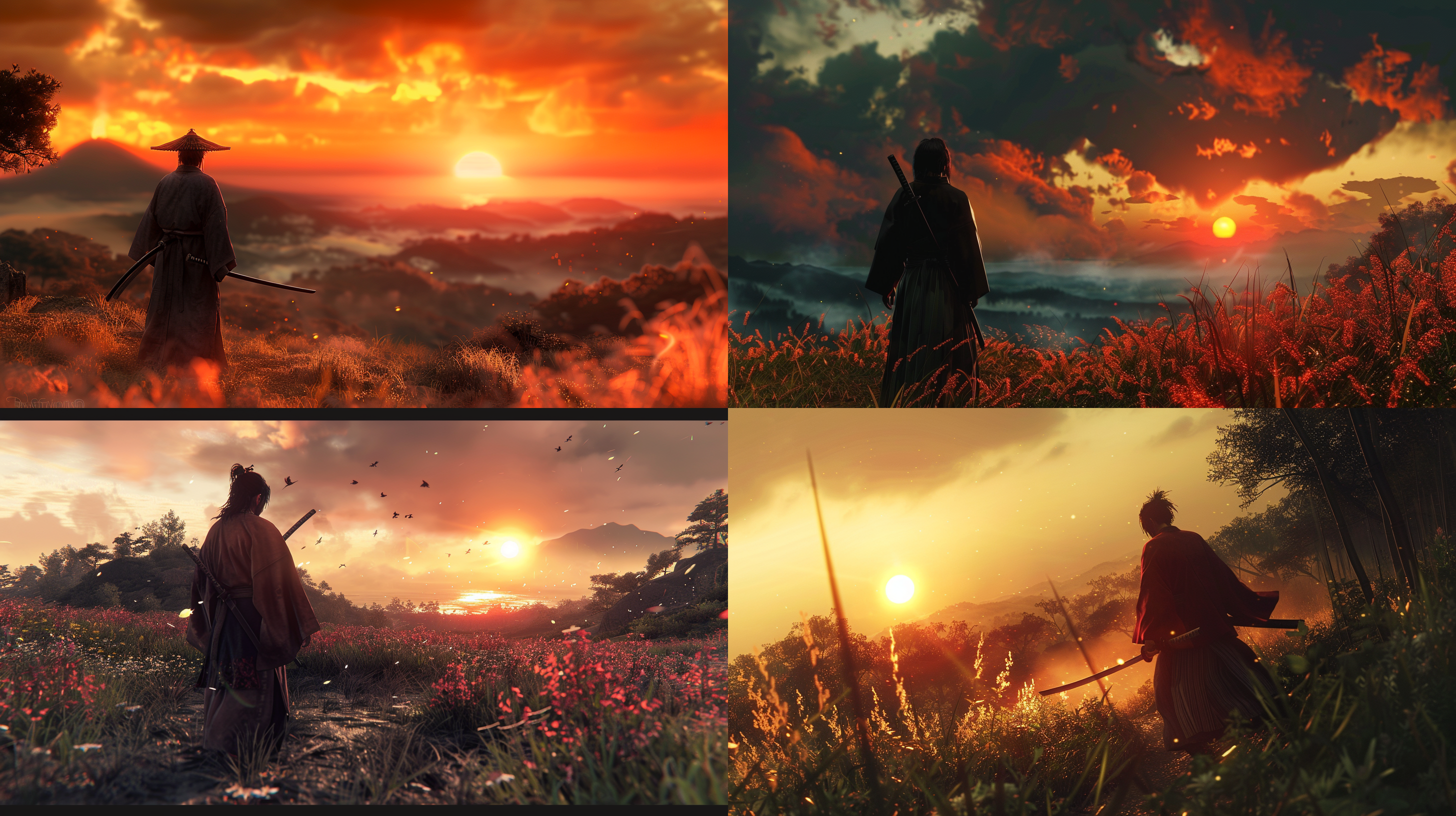 浪客剑心3d游戏，光线追踪，三渲二，日落山丘，动作战斗，和服刀剑，快门速度，细节质感，暗色调，战斗氛围。