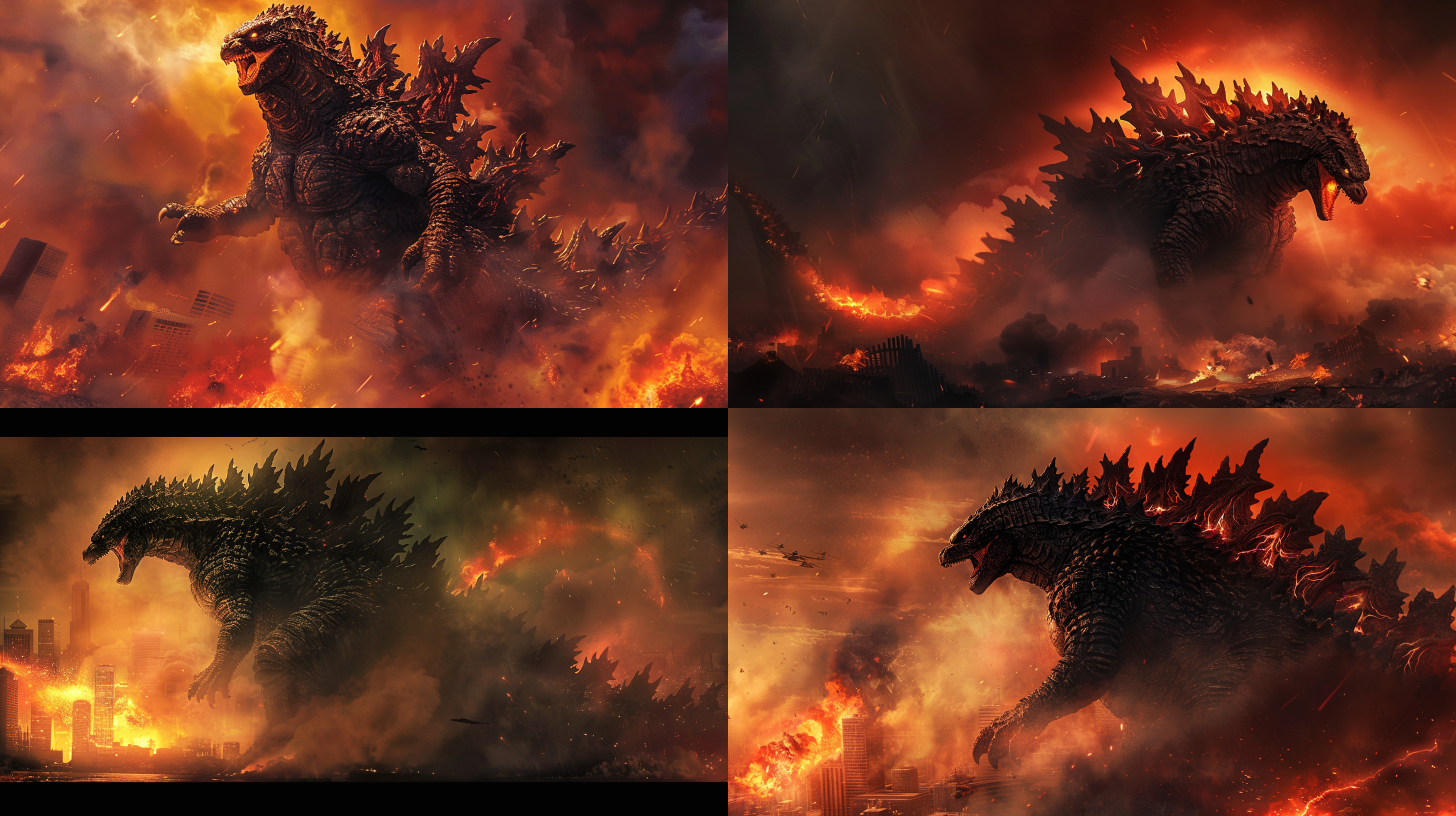 哥斯拉咆哮，城市废墟，破坏景观，暗色调，特写镜头，烟雾弥漫，火光四射，巨大身影，愤怒表情，震撼，威严。