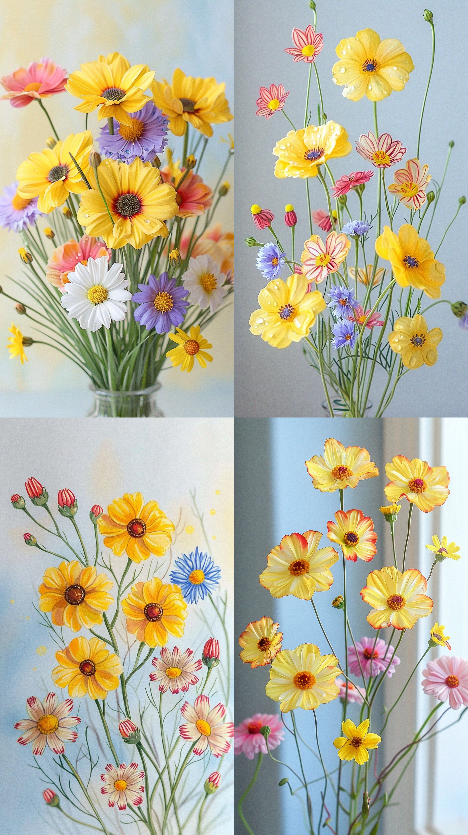 一束雏菊和波斯菊在花瓶里，背景是淡蓝色的墙壁。波斯菊是紫色和白色的，雏菊是黄色和白色的，它们交错排列，形成层次感。整张照片以柔和的色调呈现，传达出清新和温馨的氛围。朦胧的浅景深突出了花朵的美丽。花瓣上的露珠为画面增添了一份生机。广角镜头，自然光线，静态。