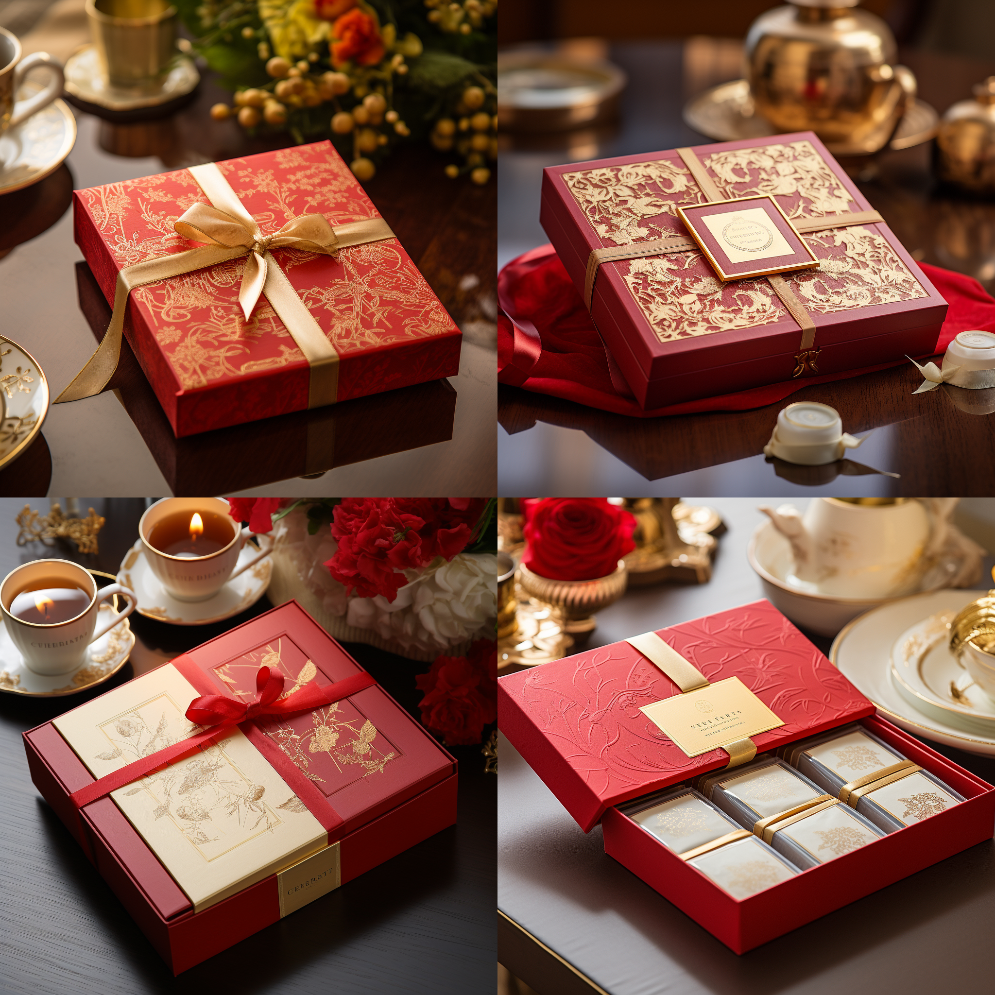 精品茶叶礼盒产品展示，天地盖盒，红色特种纸，烫金工艺，内盒装着茶饼，高角度俯视，明亮环境，微距镜头，细节清晰，金色灯光，优雅，典雅，温暖色调。