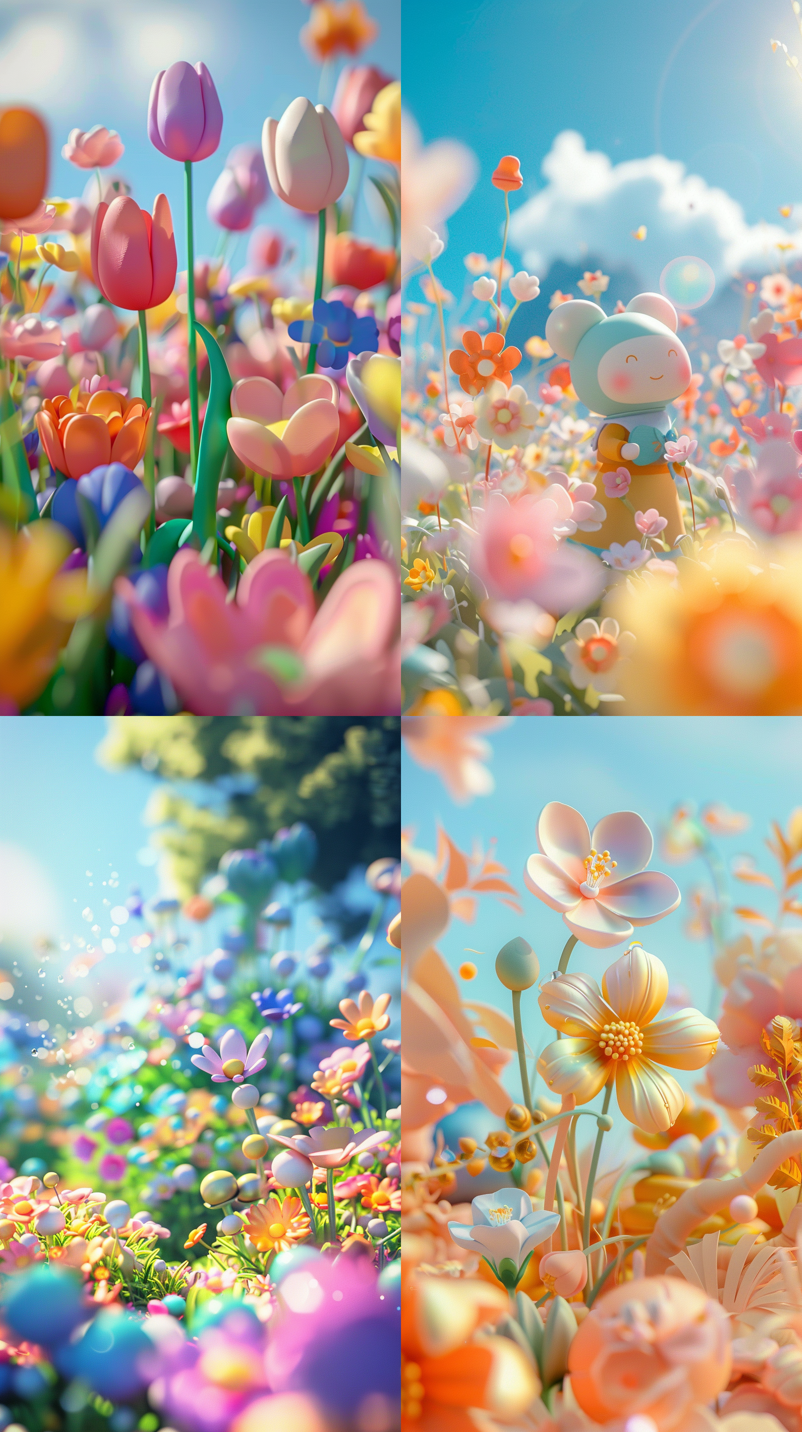 spring time, cute cartoon design, dreamy visual effects, soft sculptures, webcam, bright colors, bold shapes, flowers, capturing moments, delicate luster, 3d, sunny, bright colors, bold color matching, ultra-high quality, blurry front