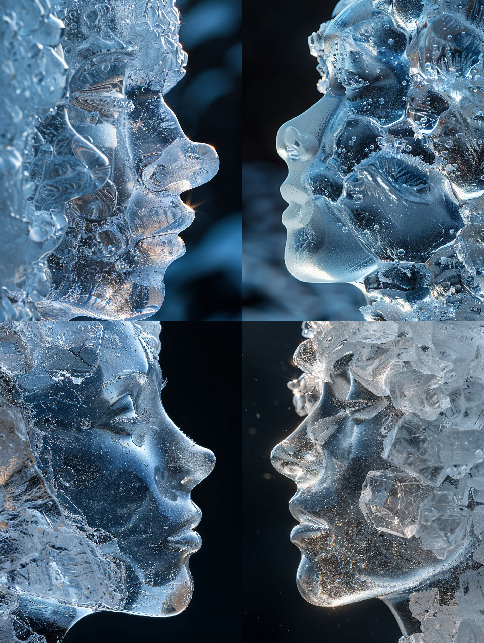 冰块j形，逆光，晶莹剔透，深色背景，高清，超写实，冷色调，微距镜头，细节丰富，冰凉感，透明。