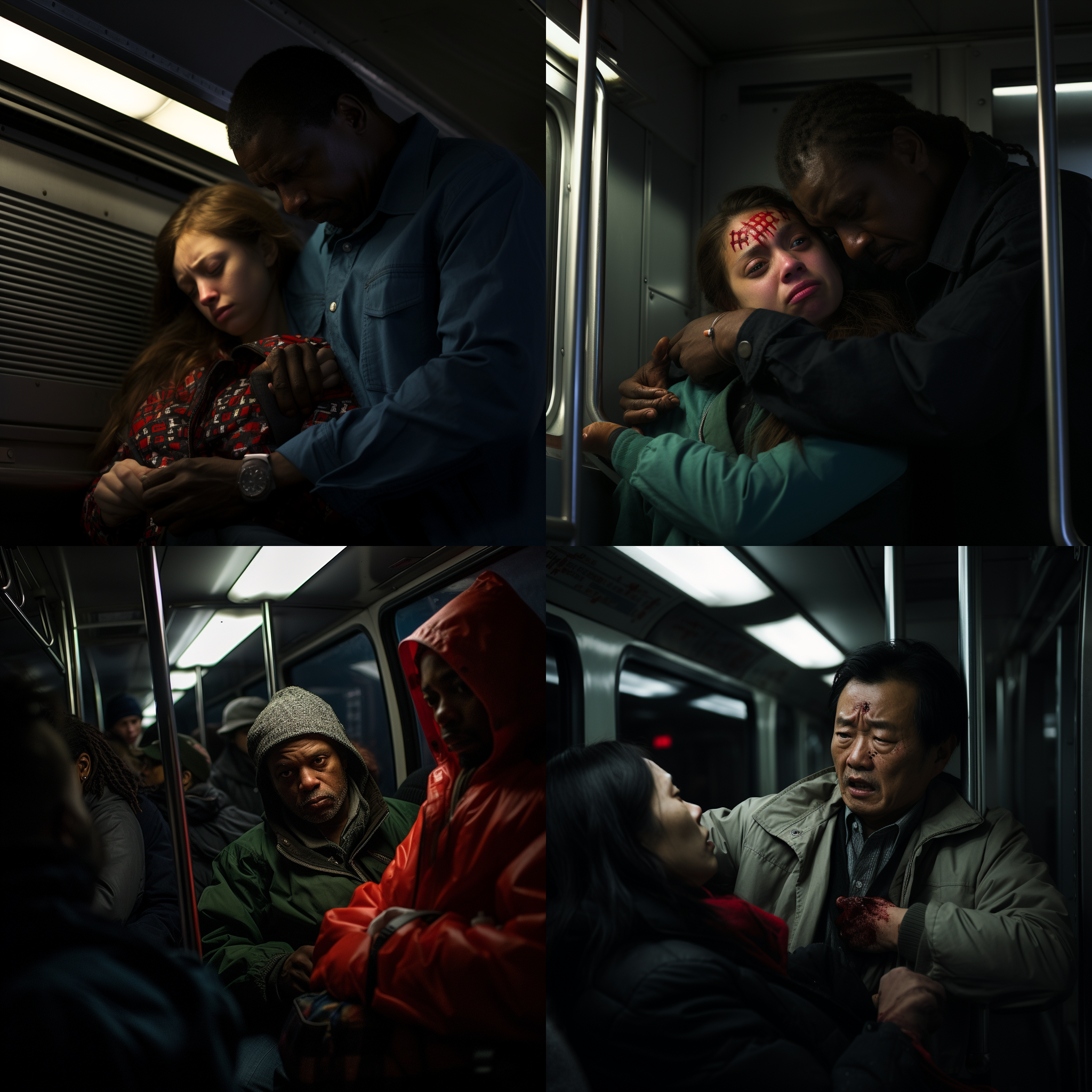 在公交车上，男子持刀刺女子，我阻止，抓住男子，胳肢窝挠我，紧张，暗室，高iso，扑克脸，红色服装，抓取动作，紧凑构图，对比强烈，怒火中烧。