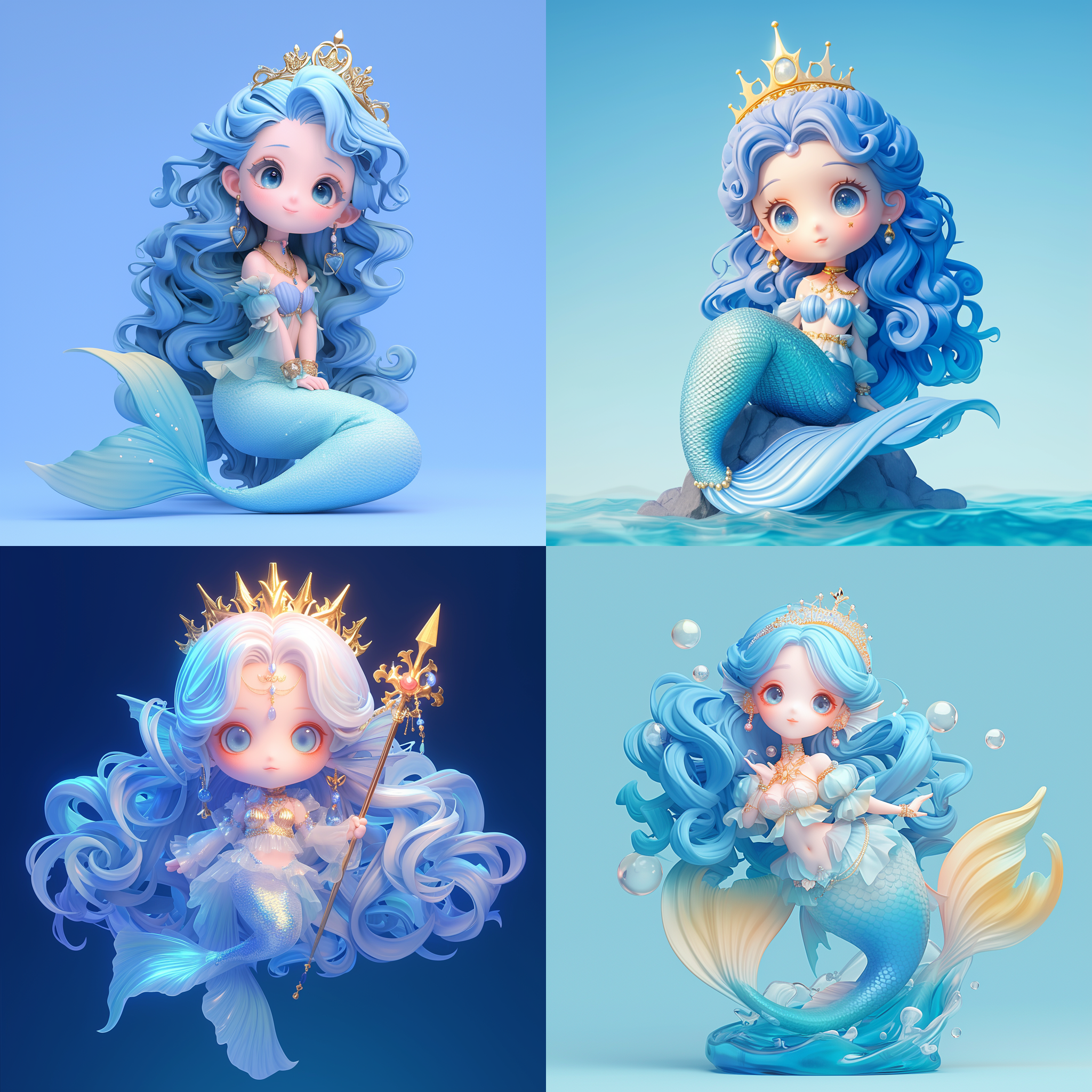 q版手办模型，美人魚，甜美微笑，卷曲的头发，淡蓝色头发，头戴王冠，全身照，没有任何具体的背景 q版风格，微缩模型，静态姿势，明亮照明，细节丰富，生动色彩，透明材质，玩偶般，可爱表情，卡通风格 三维 动画艺术 干净背景 调色板 哑光 蓝黄 全身 正视 oc渲染器