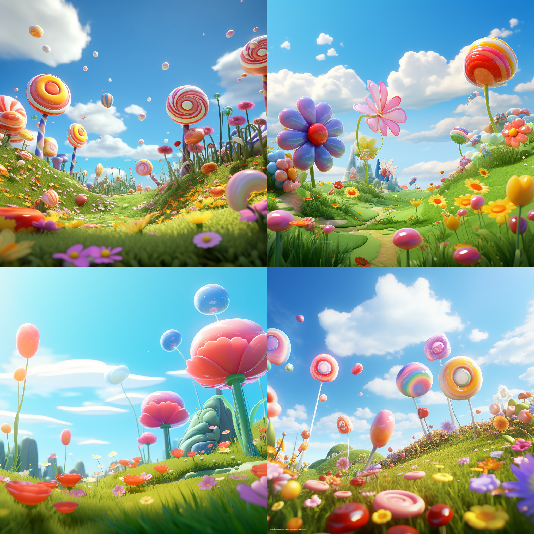 3d卡通游戏场景，三朵用彩色糖果制成的花在空中飘浮，绿草蓝天背景，pixar动画风格，夸张形状和明亮色彩，夸张动作，干净背景，artstation热门，高分辨率，舒适，欢乐，梦幻。