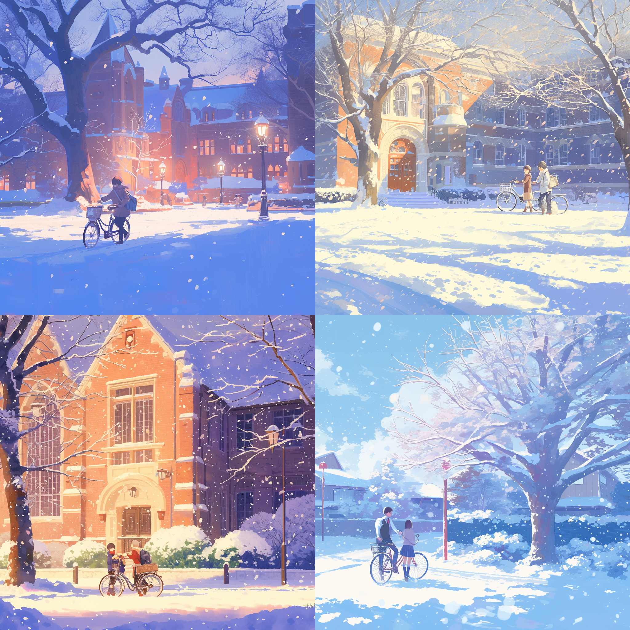 大雪纷飞，校服男女，男推自行车，女伴旁行，灯光照耀下，漫步，正面，雪景，校园风格，中焦镜头，柔和光线，温暖色调，轻松愉悦。