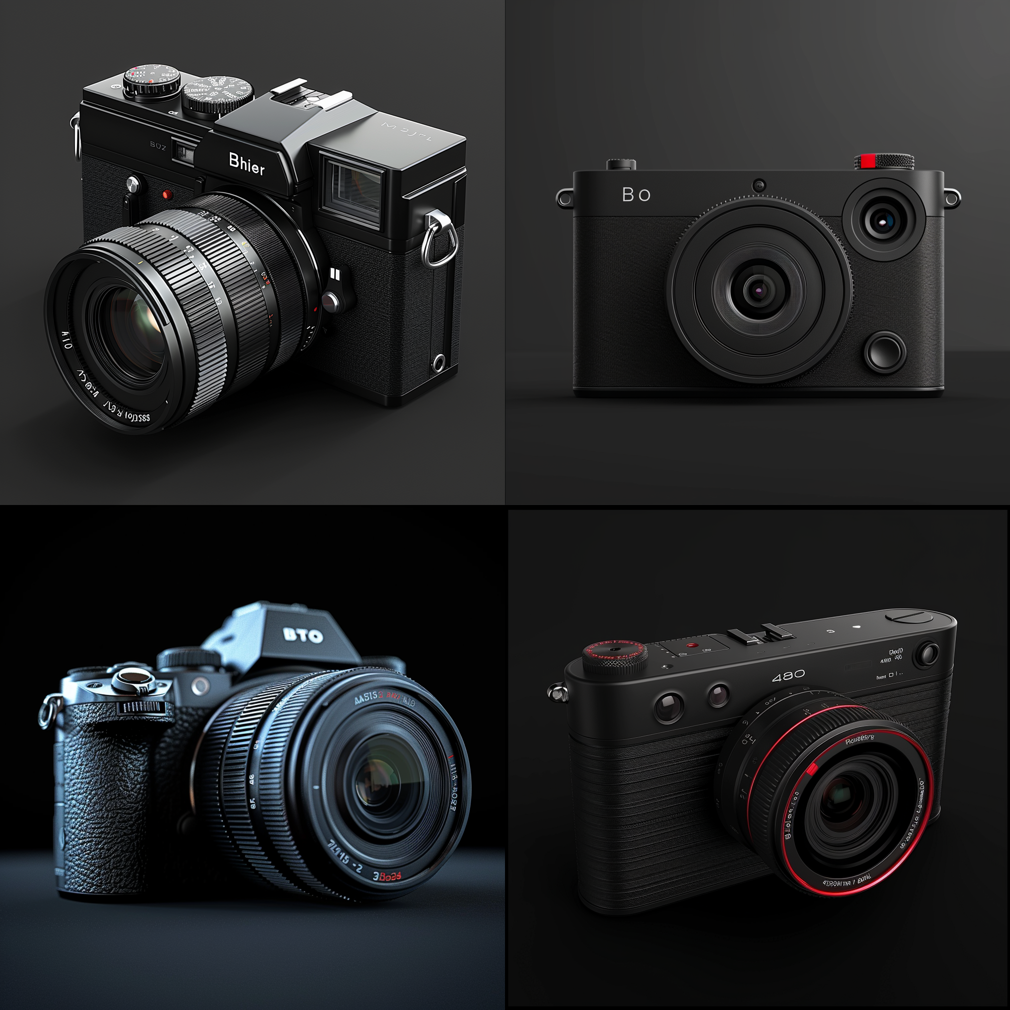 autodesk 3ds max, 超高细节，4k，迷你单反相机，b＆o风格，简约，帅气，黑色为主色调，三分之一视角，黑色背景。