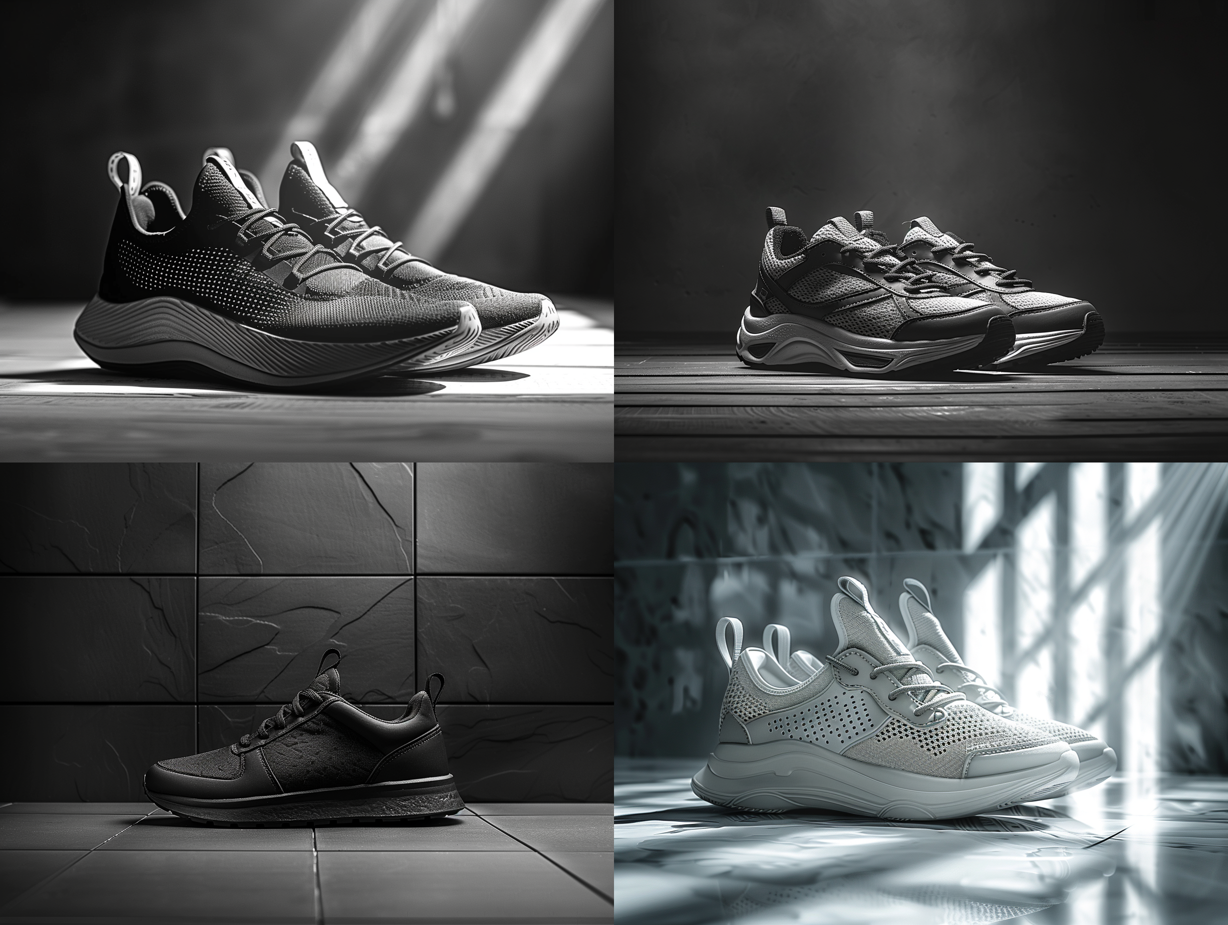 一双时尚的运动鞋，摆放在充满现代感的环境中，背景是暗色调的墙壁，鞋子被重点照明，展示其细节和质感，仿佛是一则高品质的海报广告。产品拍摄，高清画质，细节突出，简洁构图，专业灯光，黑色和白色，现代设计，时尚感。