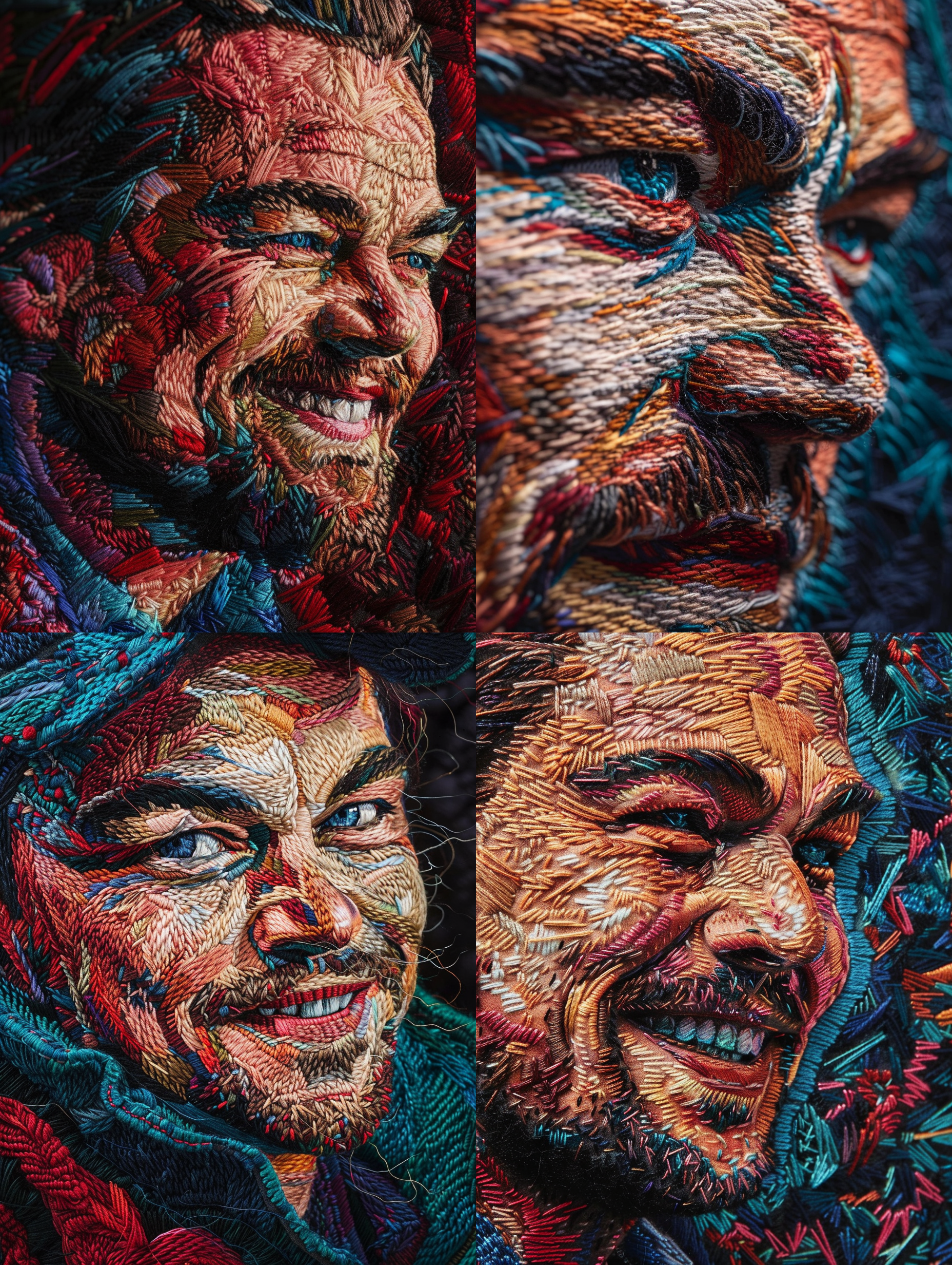 捕捉树桩刺绣的复杂细节，以纹理丰富的莱昂纳多·迪卡普里奥的面部为特色，他在大笑，这种刺绣使用圆领羊毛，营造出凸起的触感效果，颜色以红色、青色、蓝色、黑色为主。通过微距摄影，浅景深突出了复杂的细节，而柔和的漫射照明则强调了轮廓和深度，投射出柔和的阴影并赋予图像完美的细节。并在黑暗的背景下展示鲜艳的色彩，
