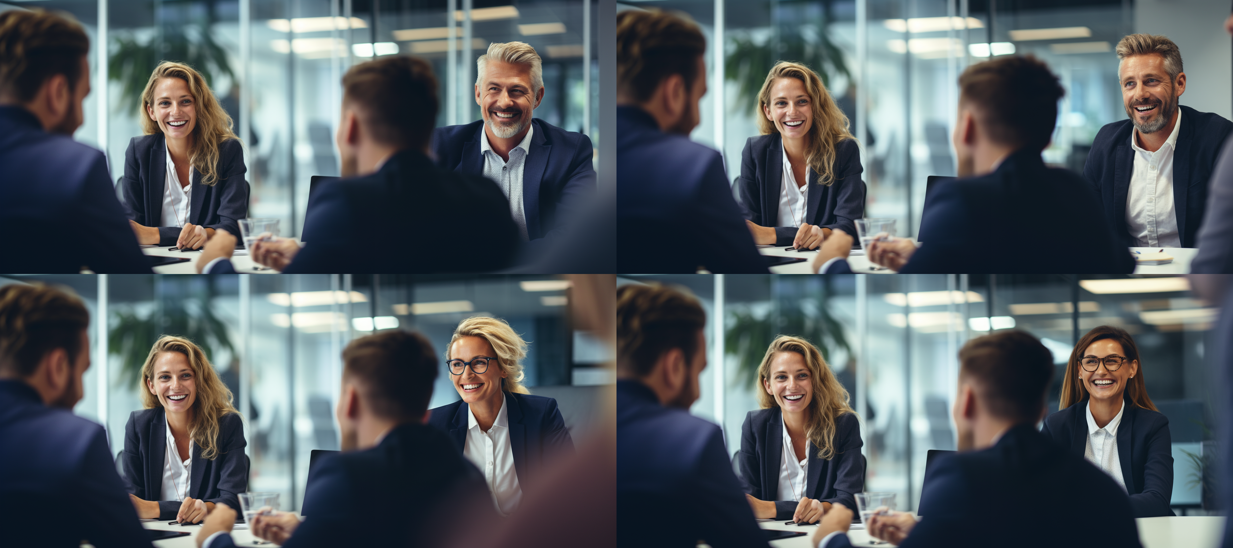 商务会议，非对称构图，真实细节，商务人士，男女混合，欧洲白人，明亮色彩，会议室内，聚焦模糊，长焦镜头，正襟危坐，专注表情，面带微笑，友好交谈，现代感。 办公室 非对称构图 极简主义