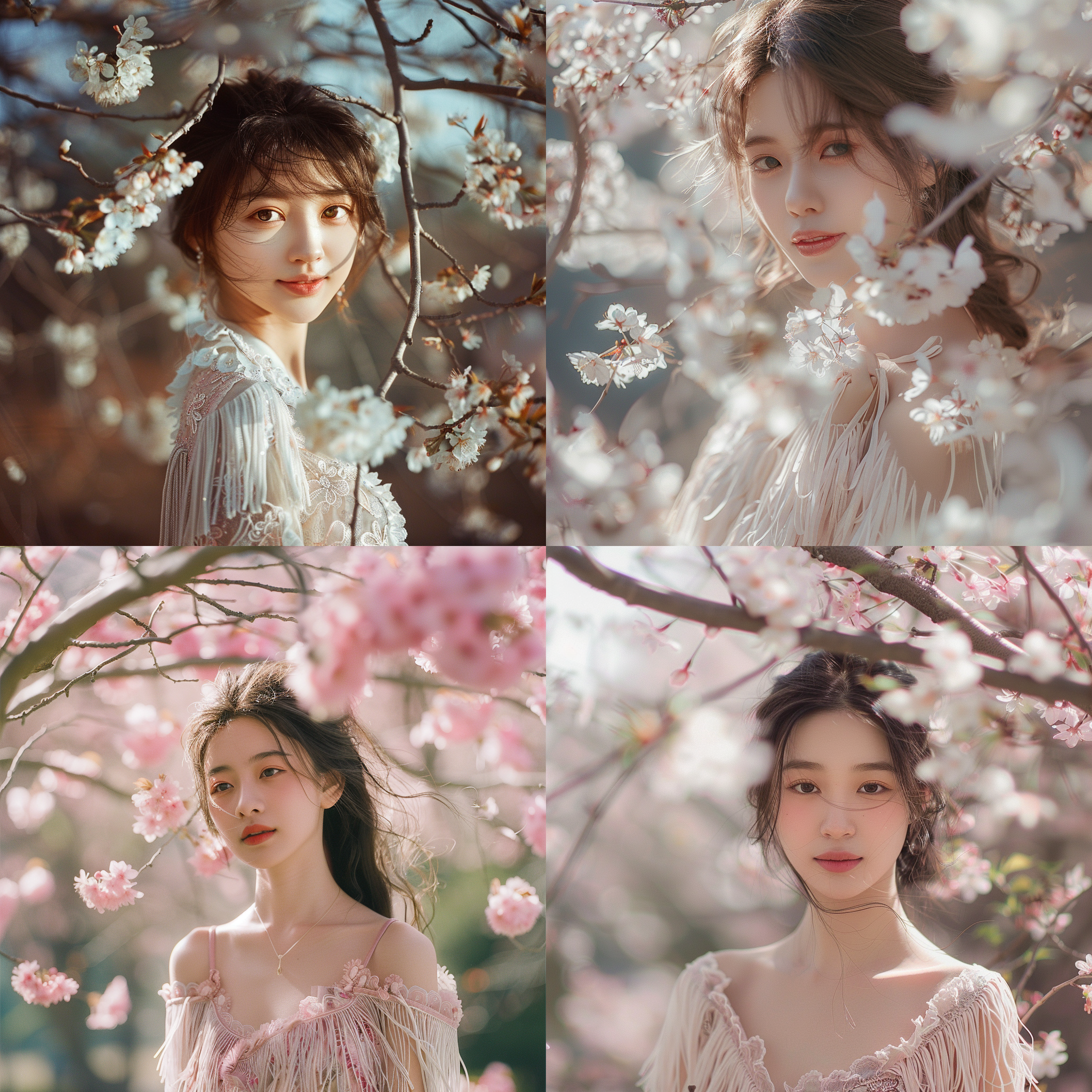 中英混合女孩，在樱花下漫步。构图对称，细节丰富，光影柔和。她身穿流苏连衣裙，微笑着，眼神温柔。环境优雅，色彩柔和，透露出宁静与浪漫的氛围。人像镜头，自然光，细腻的肤色，唇色鲜艳。