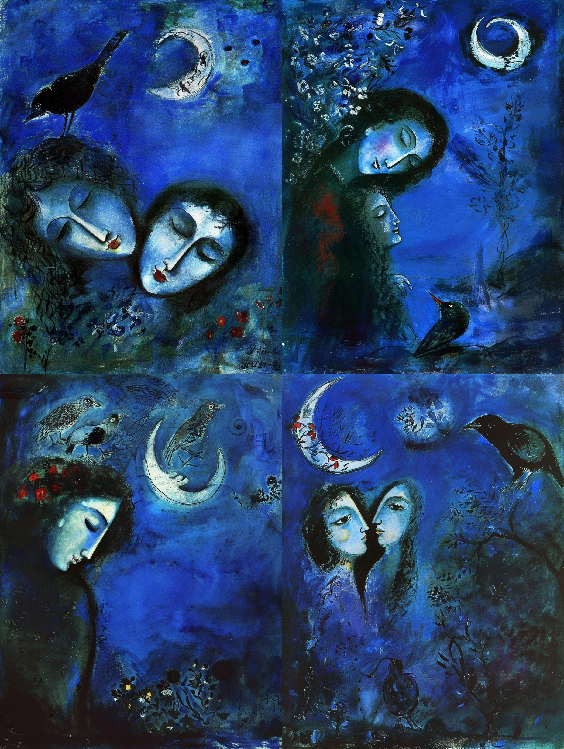 两个头，长长的卷发，细细的弯月，黑鸟，蓝色夜幕，夏加尔绘画风格，超现实场景 头像，夜景，夏加尔风格，双重曝光，超现实主题，暗调，神秘，梦幻