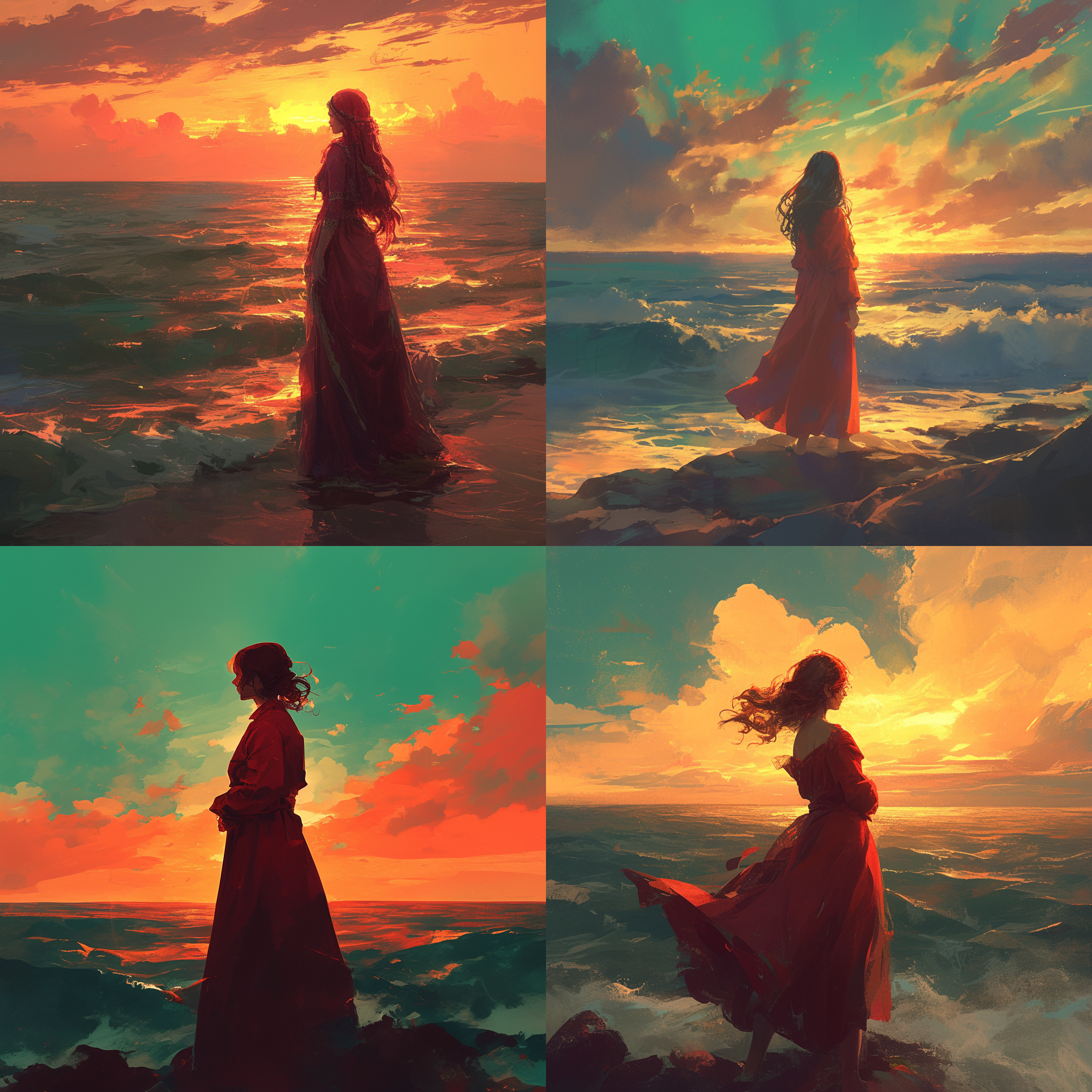 女人背对大海，穿着红色连衣裙，戴着红色发箍，夕阳映照下的晚霞和落日。油画质感，绿色的夕阳，蓝色眼泪，静谧，浪漫，优美，梦幻，宁静。