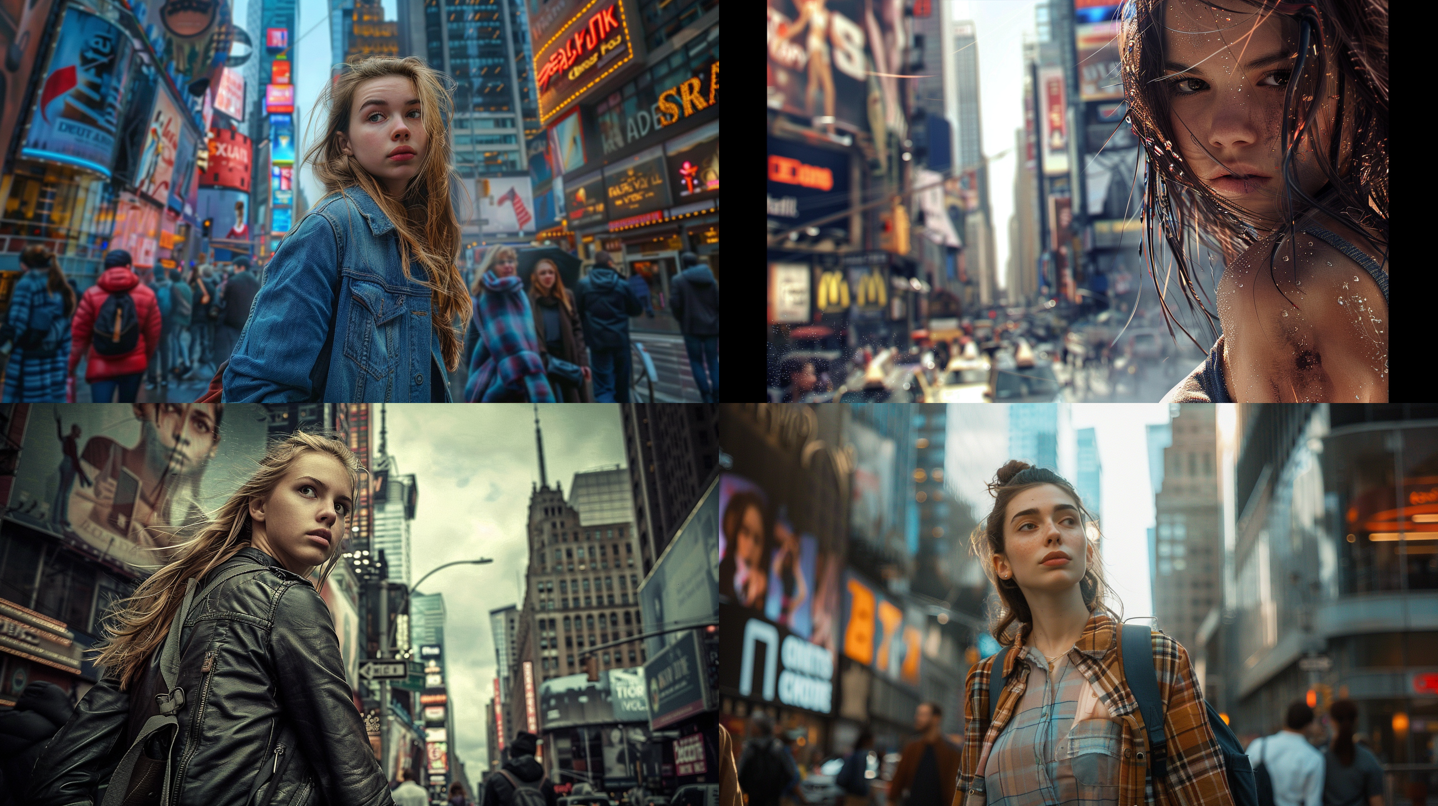 年轻女子漫步在繁华的城市街道上，这张令人惊叹的超写实照片。场景捕捉到都市的充满活力和破旧的氛围，女子成为焦点。她以令人难以置信的细节和真实感呈现，面部、服饰和表情都以摄影般的精确度呈现。背景是高耸入云的摩天大楼、霓虹灯和行人穿梭，营造出运动和活力感，与女子静止的姿态形成对比。灯光自然而戏剧化，投射出阴影和亮点，突出女子脸部和身体的质感和轮廓。整体效果是一张引人入胜、沉浸式的图像，将观众带入城市的中心，女子成为中心、迷人的形象。