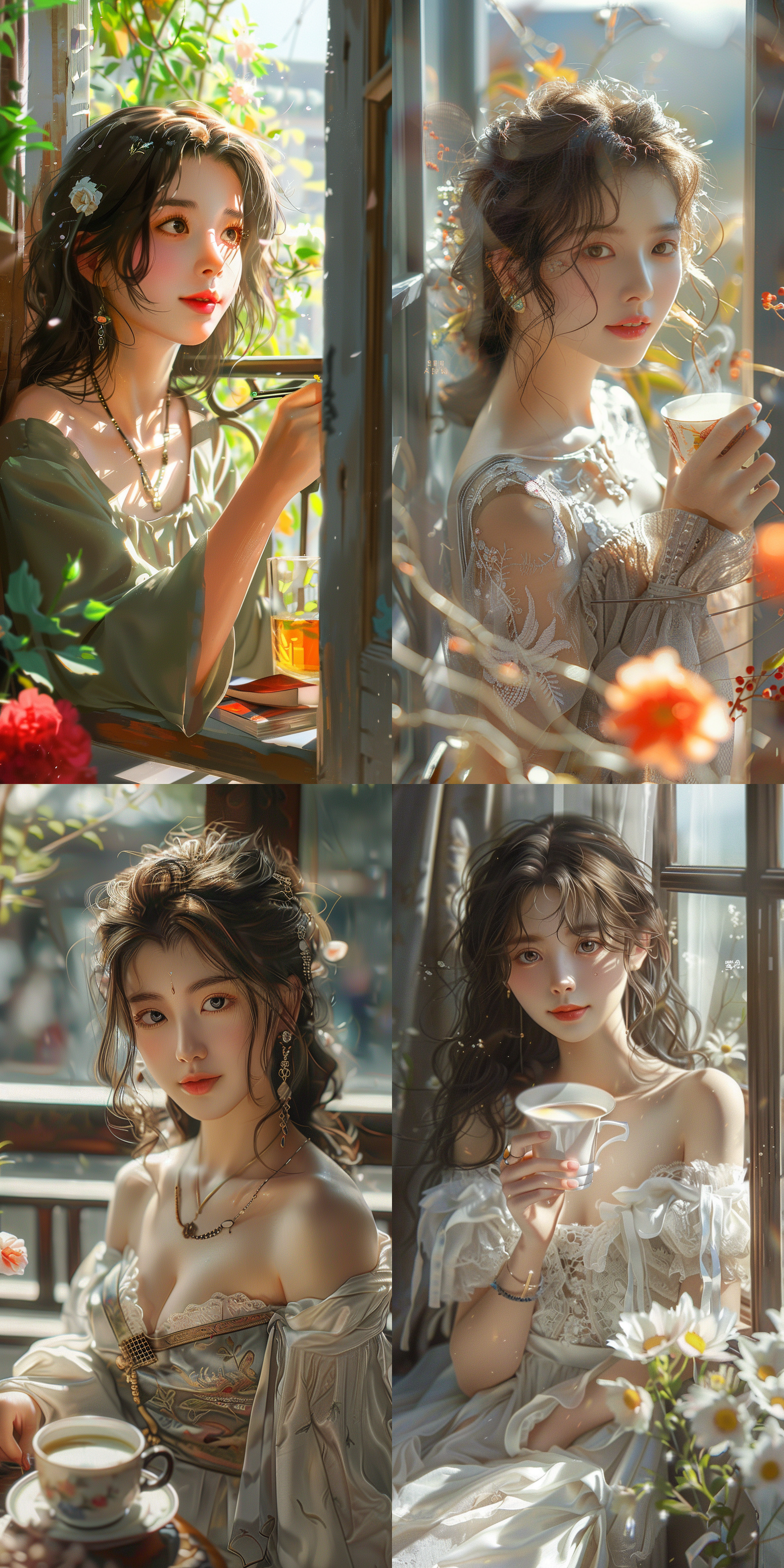 一个美丽的，睁大眼睛的中国女孩学习在早上在阳台上，丰满的身材，喝热咖啡，外面有花，8k