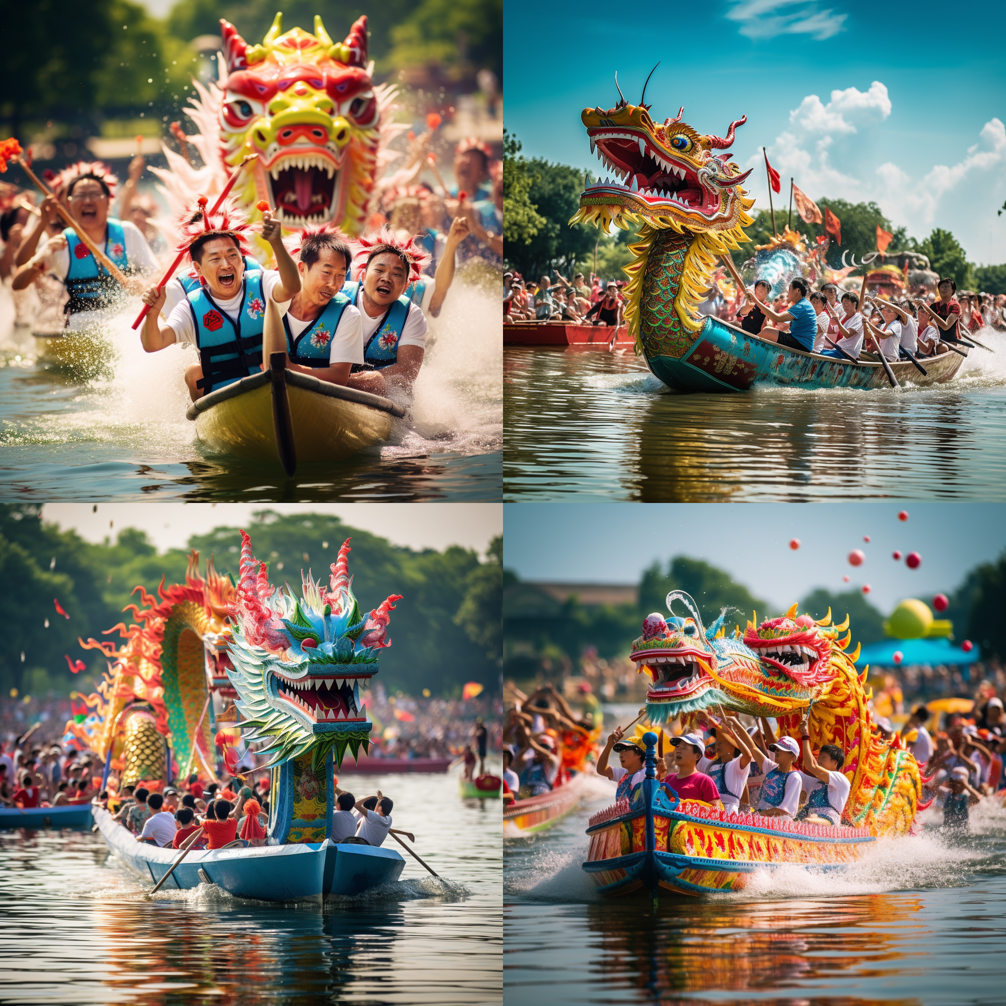 屈原赛龙舟，端午节庆典场景。照片呈现了一艘彩色龙舟在湖上划行，周围人们欢呼雀跃，挥动着彩旗。龙舟上的选手们身穿传统服装，表情专注而充满力量。整个画面色彩鲜艳，充满节日气氛。快门速度快，捕捉到了龙舟迅猛的划水动作，传递出紧张和激情。赛龙舟，彩旗，粽子，端午节，传统服装，湖上，欢呼，专注，力量，鲜艳，节日，快速快门，划水动作，紧张，激情。