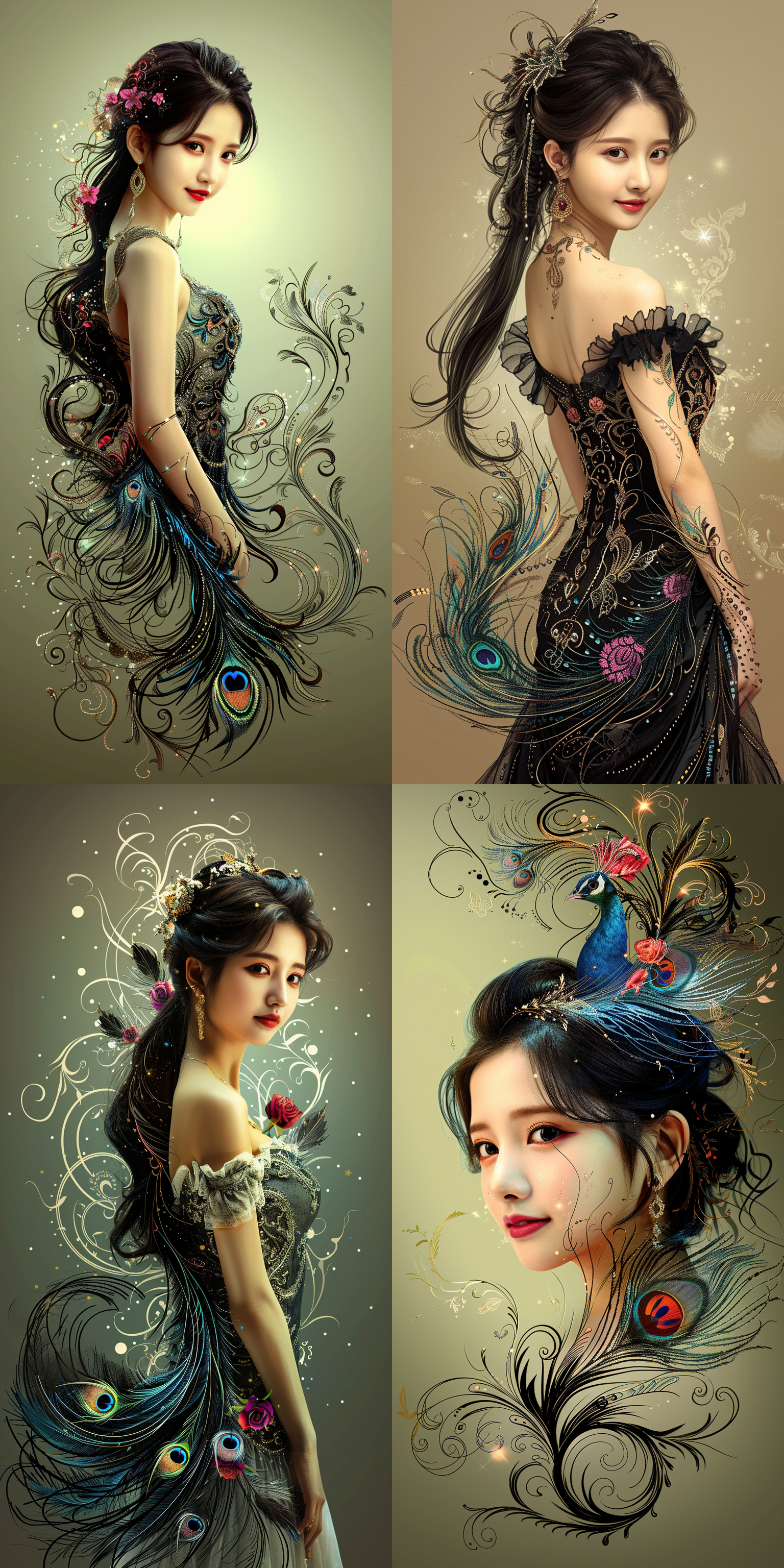 远景透视，全身。女演员端庄优雅的站立，身着盛装华服，面容丰满，皮肤细腻，真实，色彩鲜艳丰富。孔雀翎装饰面部，快速捕捉瞬间。照片经过高清处理，呈现史诗级的效果。 酸性电子 美术馆 消失点构图 居中构图 柠檬黄 星空 脸谱