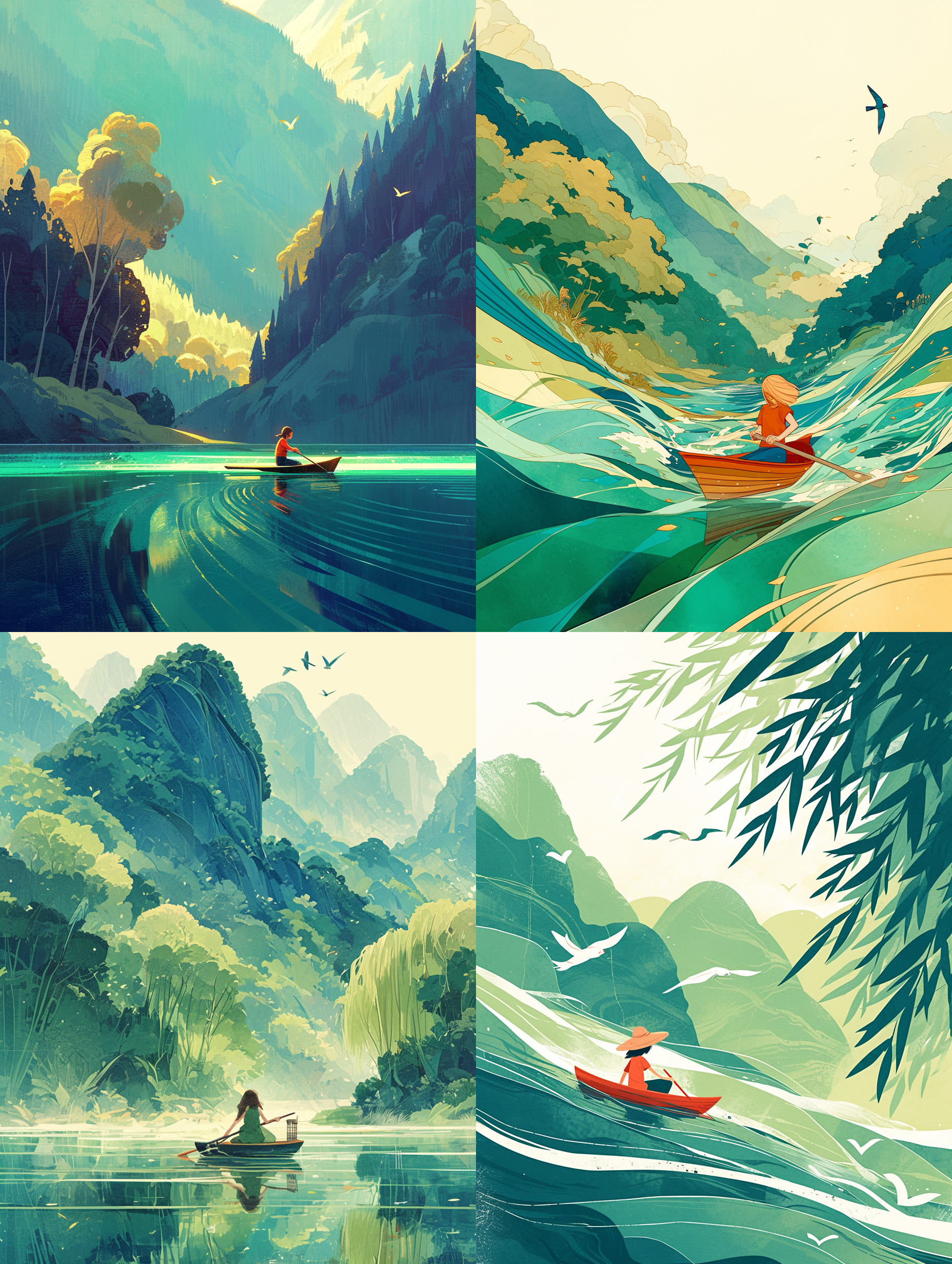 女孩在划着船向前行，周围是线状的绿色水波纹。天空中有飞燕子。图中有摇曳的柳枝，山峰，河流，采用了绚丽多彩的线条描绘，扁平风格，以绿色调为主题。构图透视是平视角度，64k分辨率，3:4长宽比，快门速度1000，使用广角镜头。