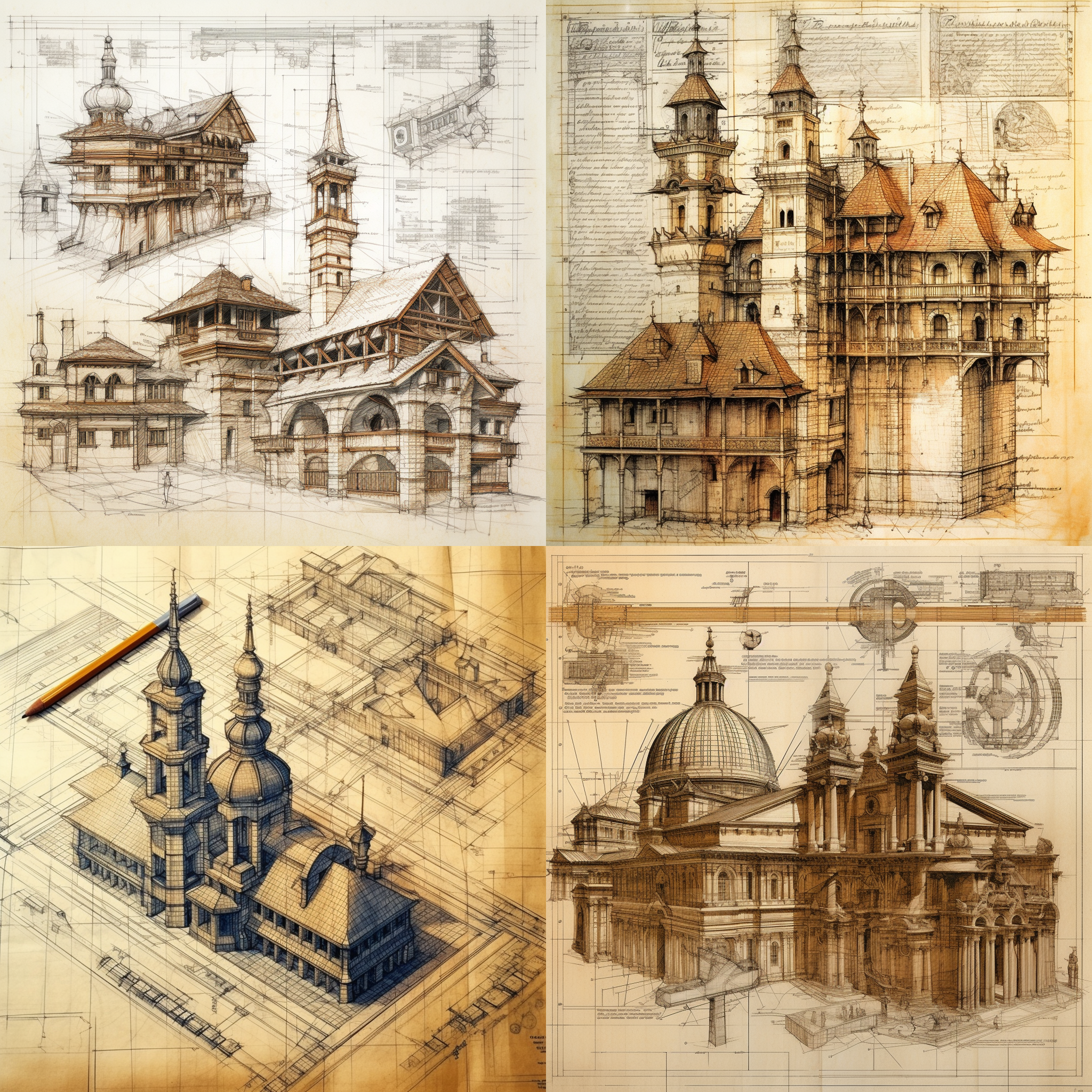 欧式建筑，完整建筑，手绘，平面图纸，达芬奇素描手稿，圆珠笔画，木刻画