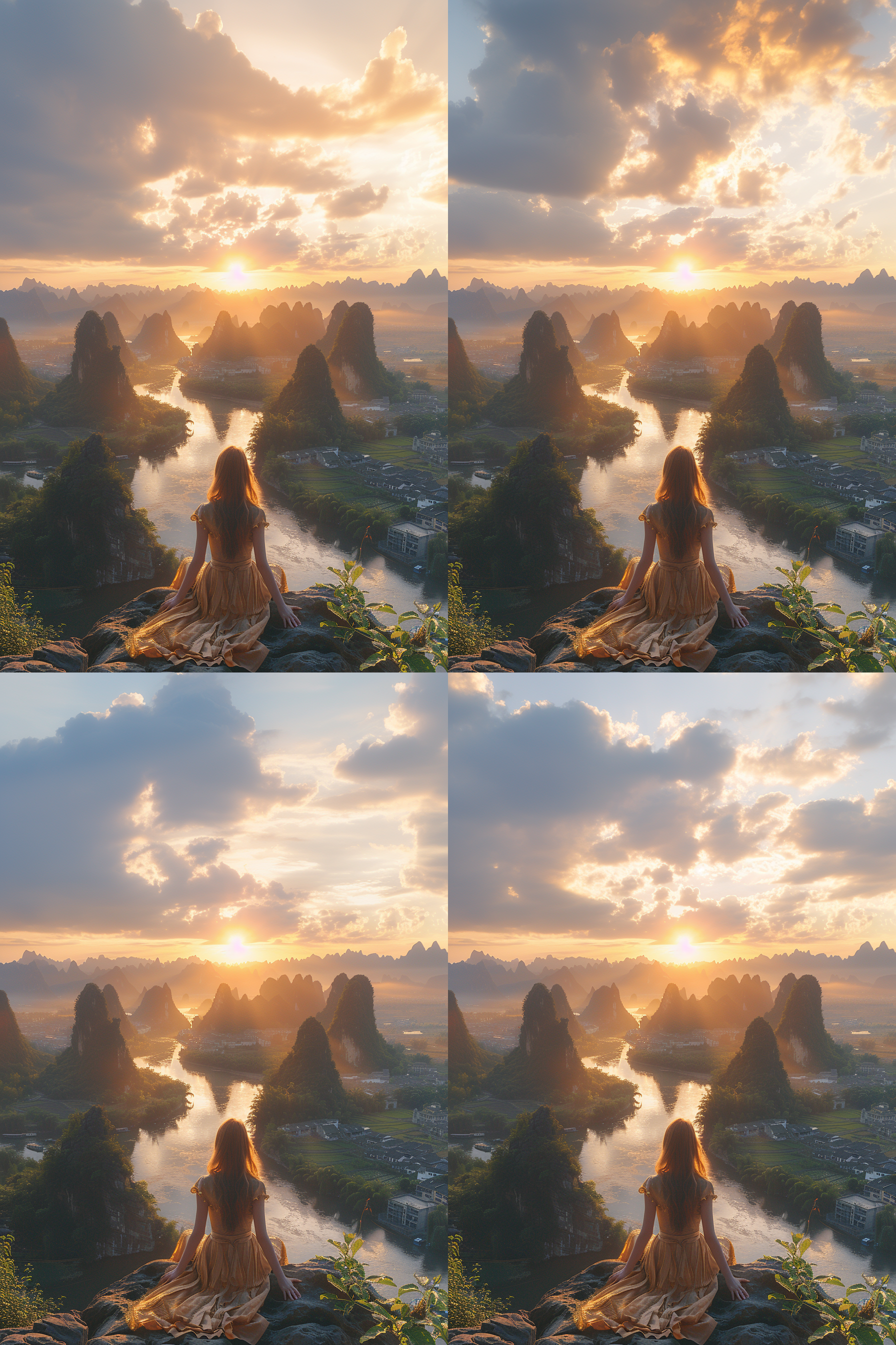 中国女孩祈祷，巨石上，伸手，日出，梯田，桂林山水，神秘感，山川，河流，古建筑，高清，广阔背景，细节丰富，柔和光线，静态。