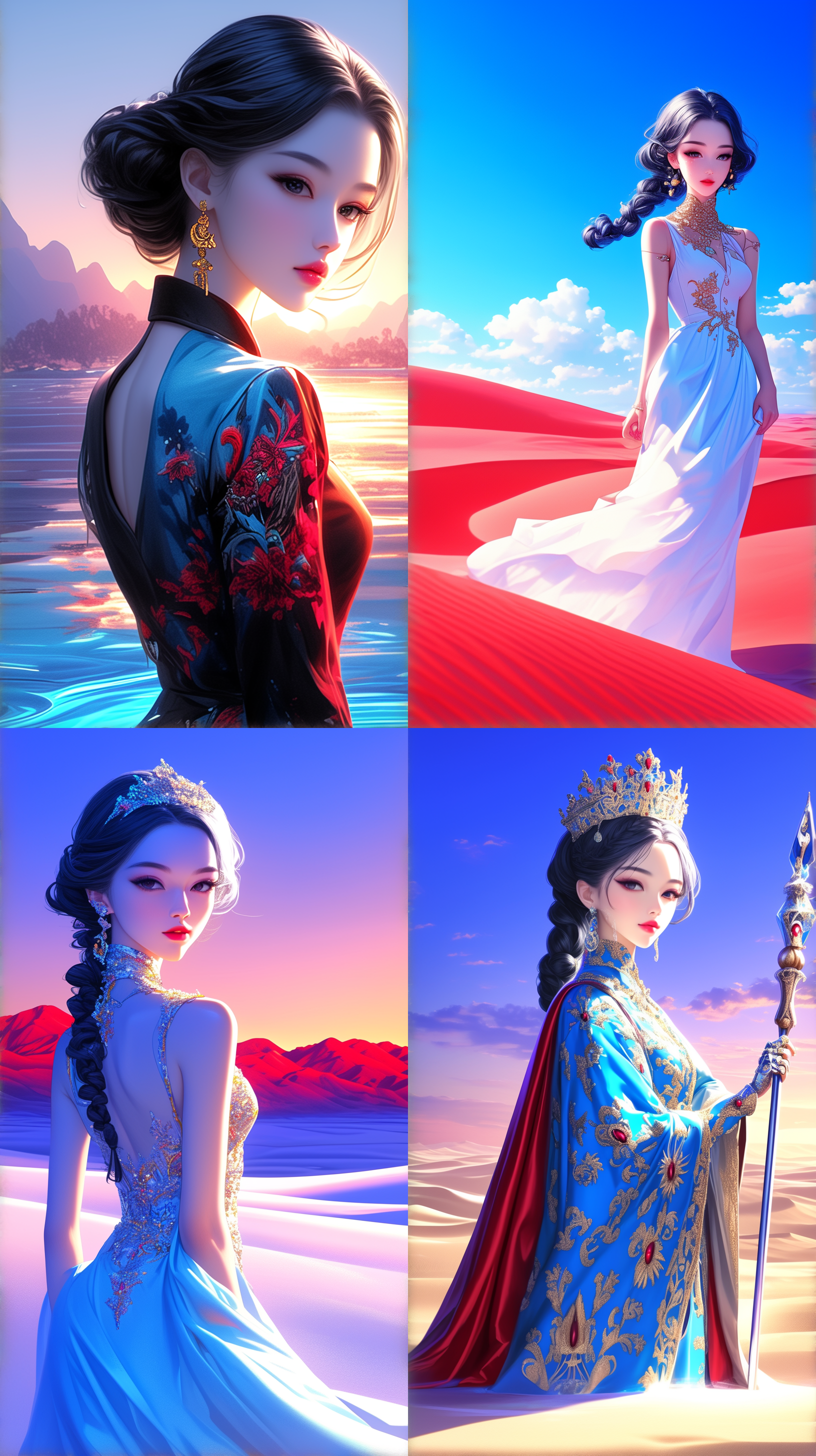 远景透视，整体。女演员端庄优雅，身着盛装华服，面容丰满，皮肤细腻，真实，色彩鲜艳丰富。快速捕捉瞬间。照片经过高清处理，呈现史诗级的效果。 电影灯光 柔粉 远景透视 光绘 柔粉 远景透视 沙漠 光绘 赛博朋克