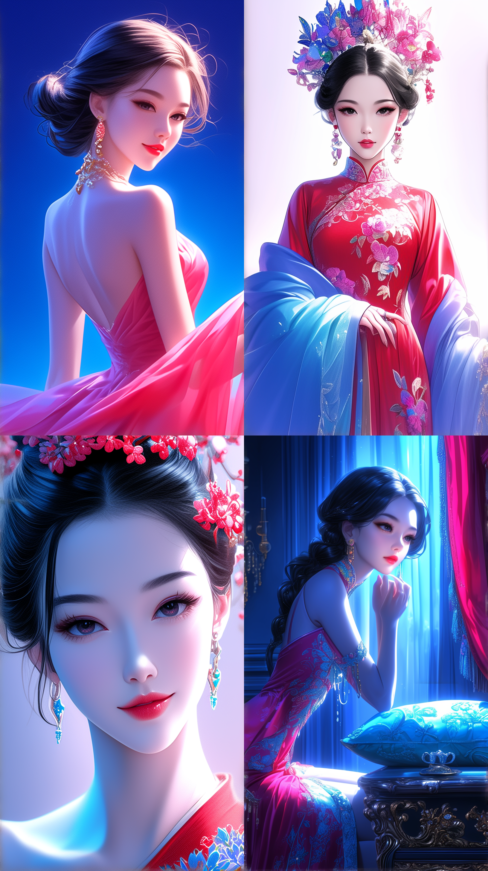 远景透视，整体。女演员端庄优雅，身着盛装华服，面容丰满，皮肤细腻，真实，色彩鲜艳丰富。快速捕捉瞬间。照片经过高清处理，呈现史诗级的效果。 电影灯光 柔粉 远景透视 光绘 柔粉 远景透视 沙漠 光绘 京剧