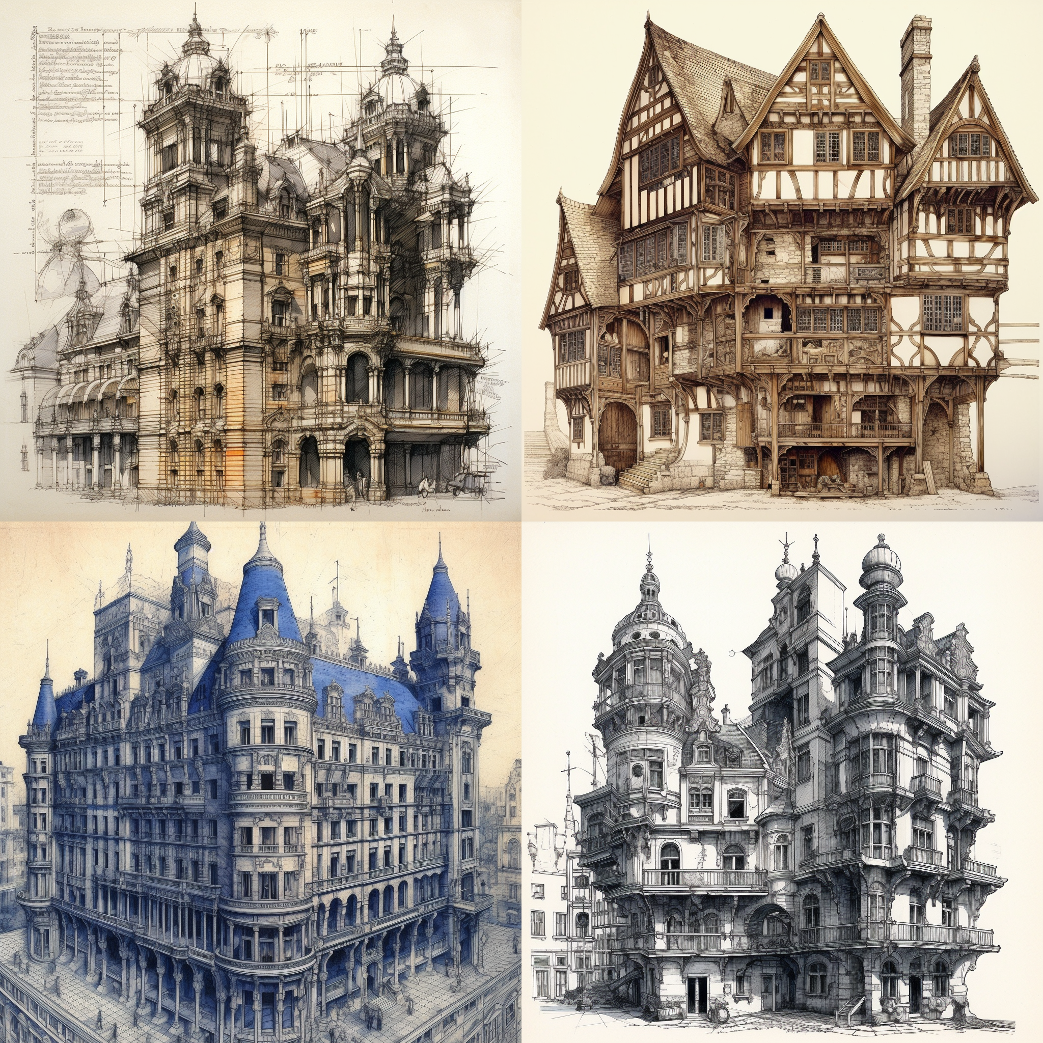 欧式建筑，完整建筑，手绘，平面图纸，圆珠笔画，木刻画，