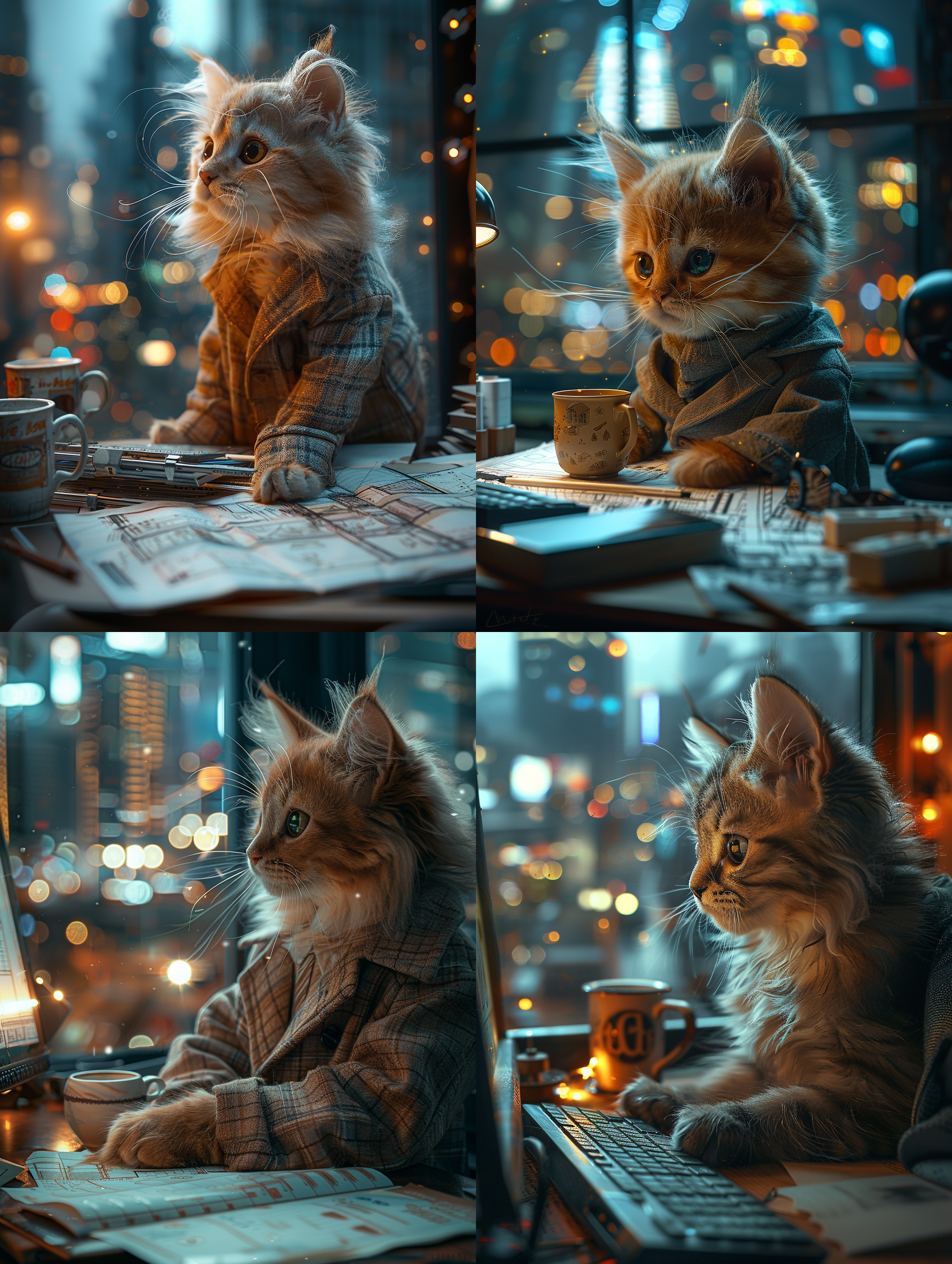 广角拍摄，一只可爱的白色小猫咪经理在现代化的办公室里穿着西装对着电脑一直加班到夜晚，拟人化，一个很大的办公桌上放着一台电脑和一杯咖啡，上面成堆的建筑图纸。背后的窗户外是高楼的城市的夜景，电脑屏幕的光射在脸上，过多的细节，12k，超高清， 明亮的， 明亮的 全身 动画艺术 全景 超广角 全景 超广角 光粒子
