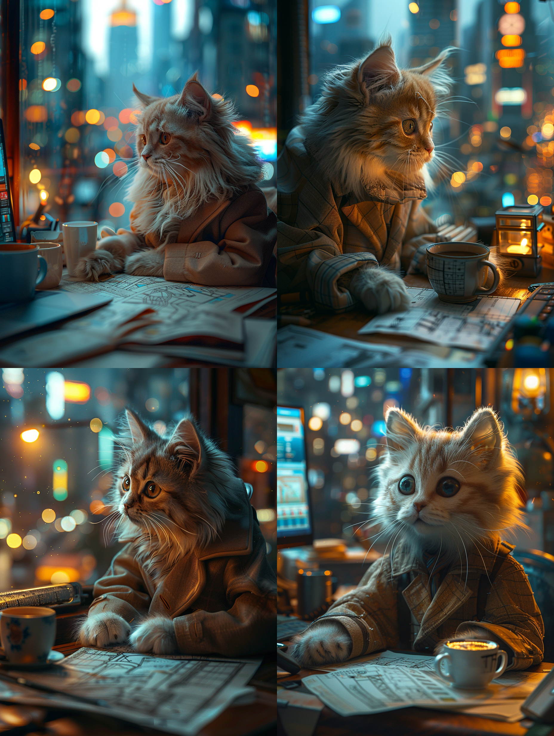 广角拍摄，一只可爱的白色小猫咪经理在现代化的办公室里穿着西装对着电脑一直加班到夜晚，拟人化，一个很大的办公桌上放着一台电脑和一杯咖啡，上面成堆的建筑图纸。背后的窗户外是高楼的城市的夜景，电脑屏幕的光射在脸上，过多的细节，12k，超高清， 明亮的， 明亮的 全身 动画艺术 全景 超广角 全景 超广角