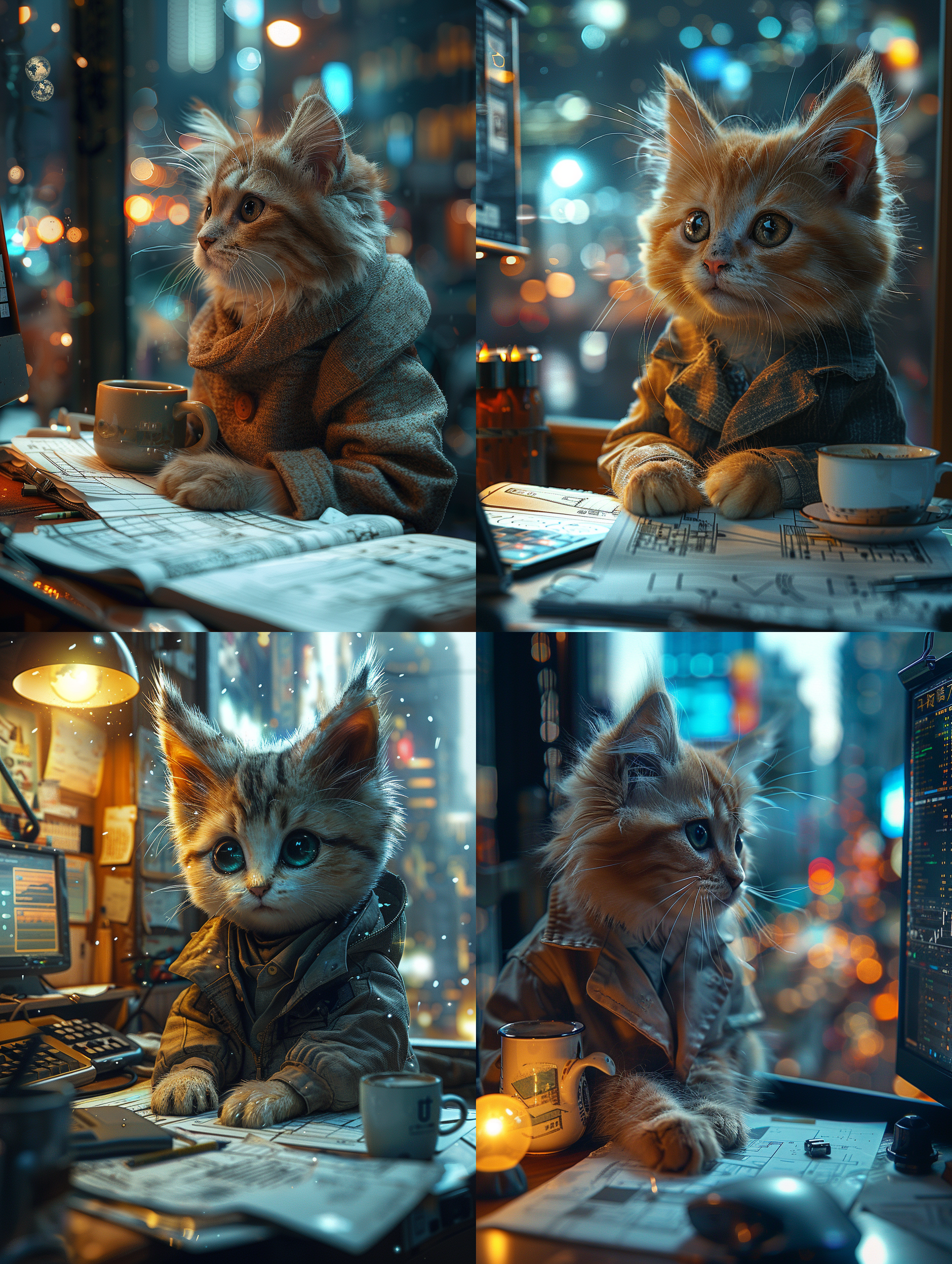 广角拍摄，一只可爱的白色小猫咪经理在现代化的办公室里穿着西装对着电脑一直加班到夜晚，拟人化，一个很大的办公桌上放着一台电脑和一杯咖啡，上面成堆的建筑图纸。背后的窗户外是高楼的城市的夜景，电脑屏幕的光射在脸上，过多的细节，12k，超高清， 明亮的， 明亮的 全身 动画艺术 全景 超广角 全景 超广角 光粒子