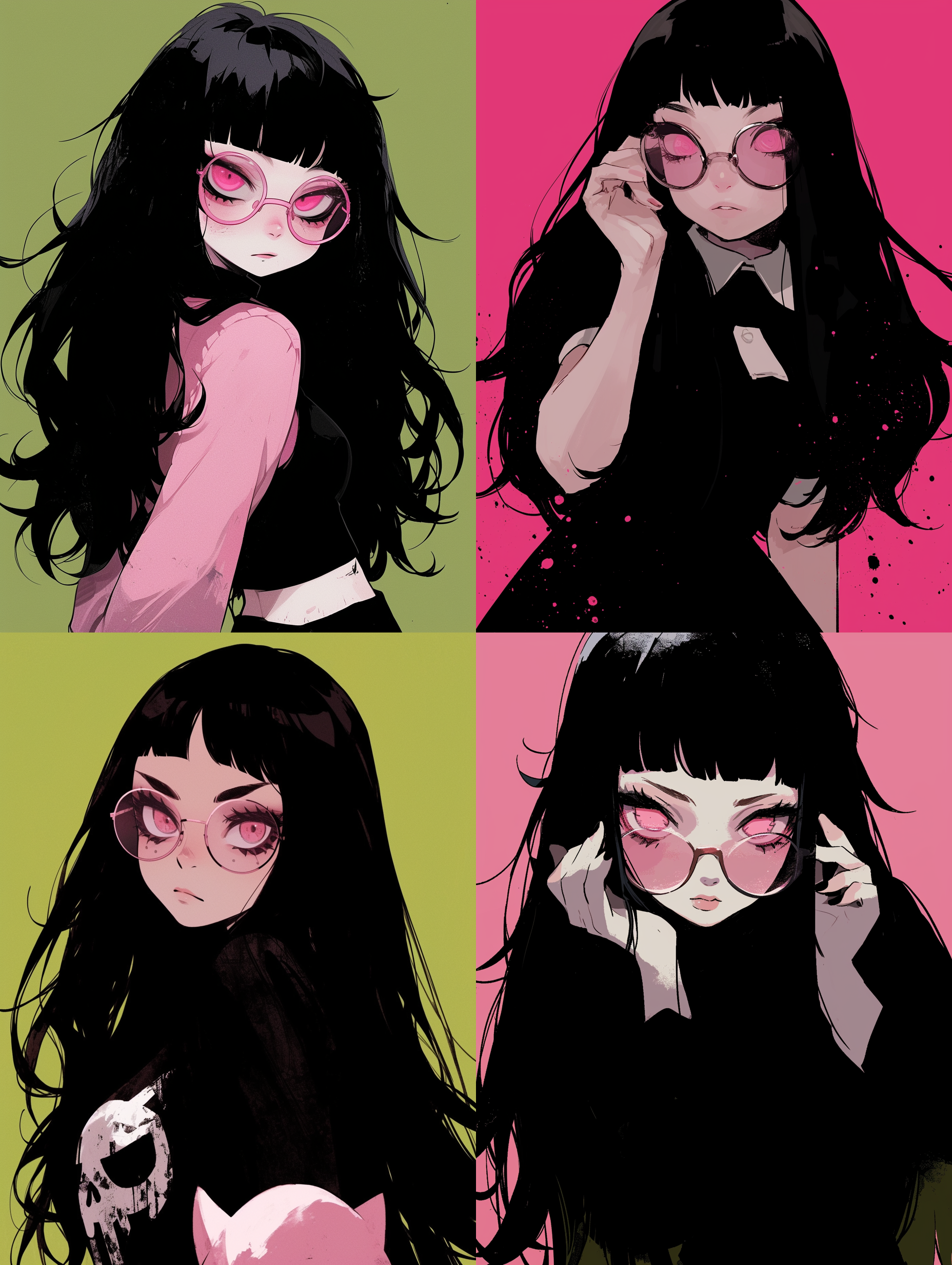 黑色长发，直发，带眼镜，平刘海，大眼睛，卷翘的睫毛，甜酷风女生，少女动漫风格，绿色背景图