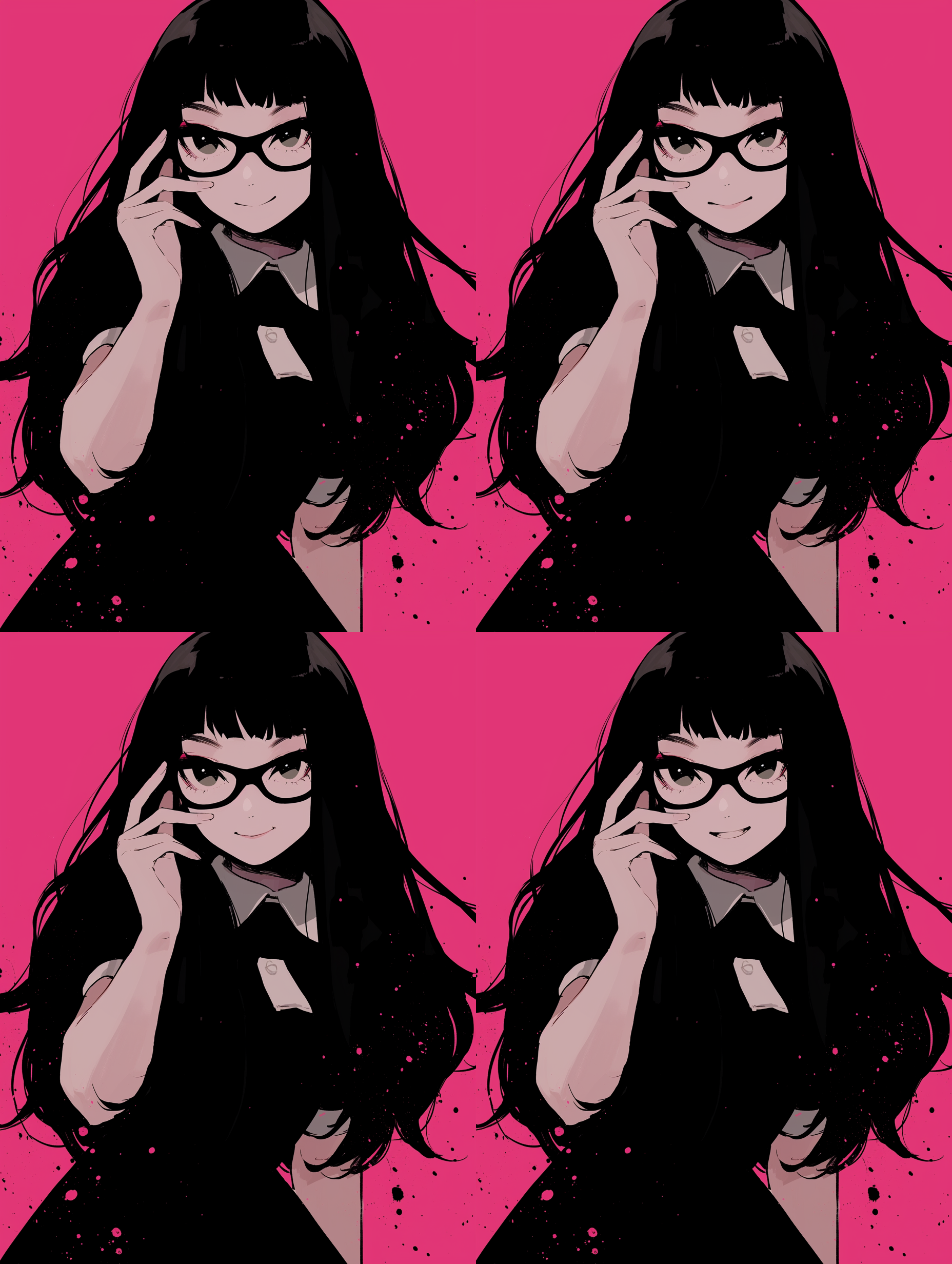 黑色长发，直发，带眼镜，平刘海，大眼睛，卷翘的睫毛，甜酷风女生，少女动漫风格，绿色背景图