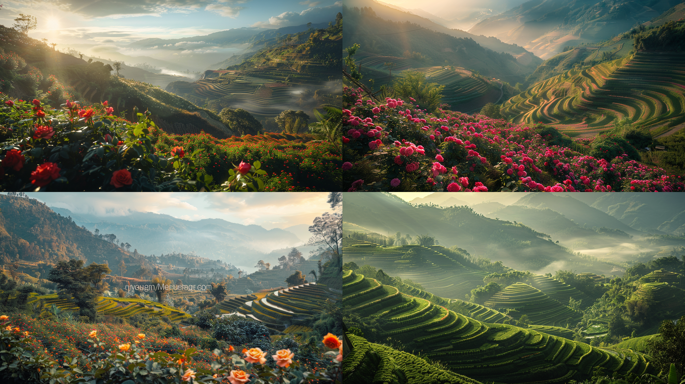 山谷中的玫瑰梯田，清晨阳光，风光摄影，广角镜头，8k，高品质，极致细节，令人惊叹的景象