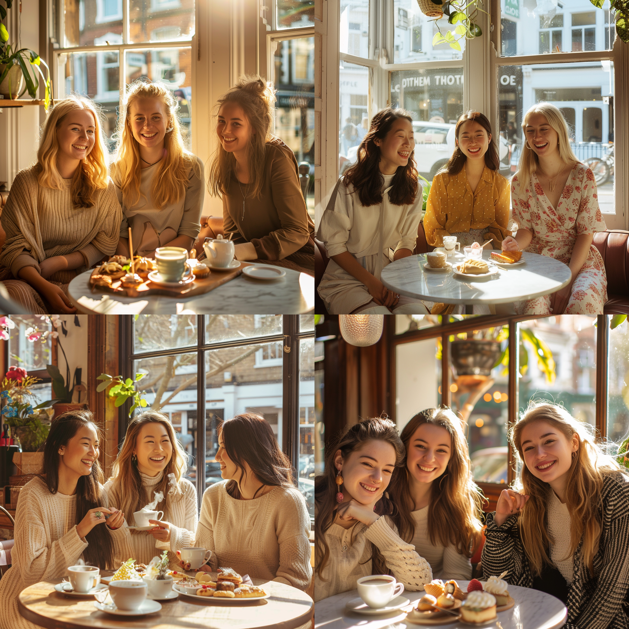 三个闺蜜坐在阳光透过窗户洒下的咖啡厅内，面前摆放着精致的下午茶点心。她们笑得灿烂，身穿时尚的服装，展现出自信和友谊。照片风格明快自然，突出自然光线的柔和效果。色调温暖，呈现出友好和轻松的氛围。