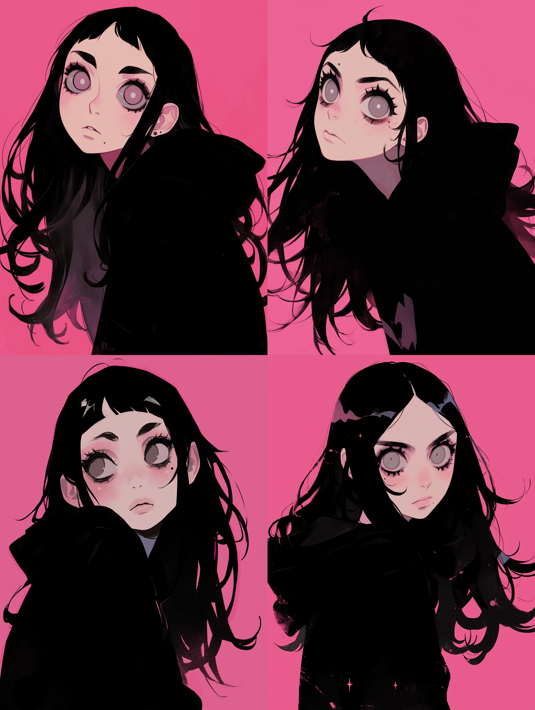 黑色长发，直发，右脸颊中间有个痣，黑色瞳孔，大眼睛，卷翘的睫毛，穿着卫衣，动漫，dc动漫风格，少女动漫风格