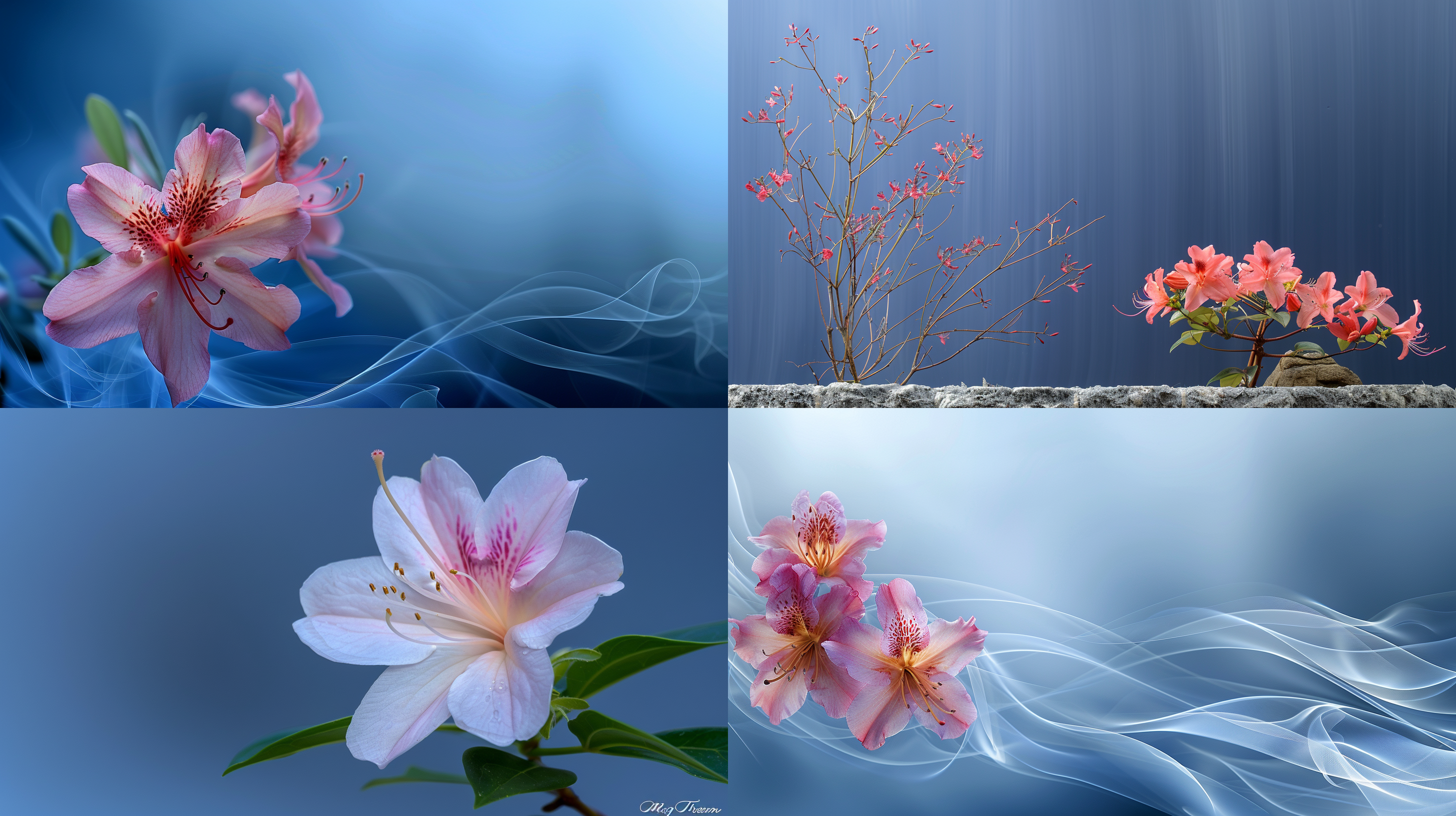 一朵盛开的杜鹃花，粉色，色彩柔和，蓝色梦幻背景，韵律，美好。左侧布局