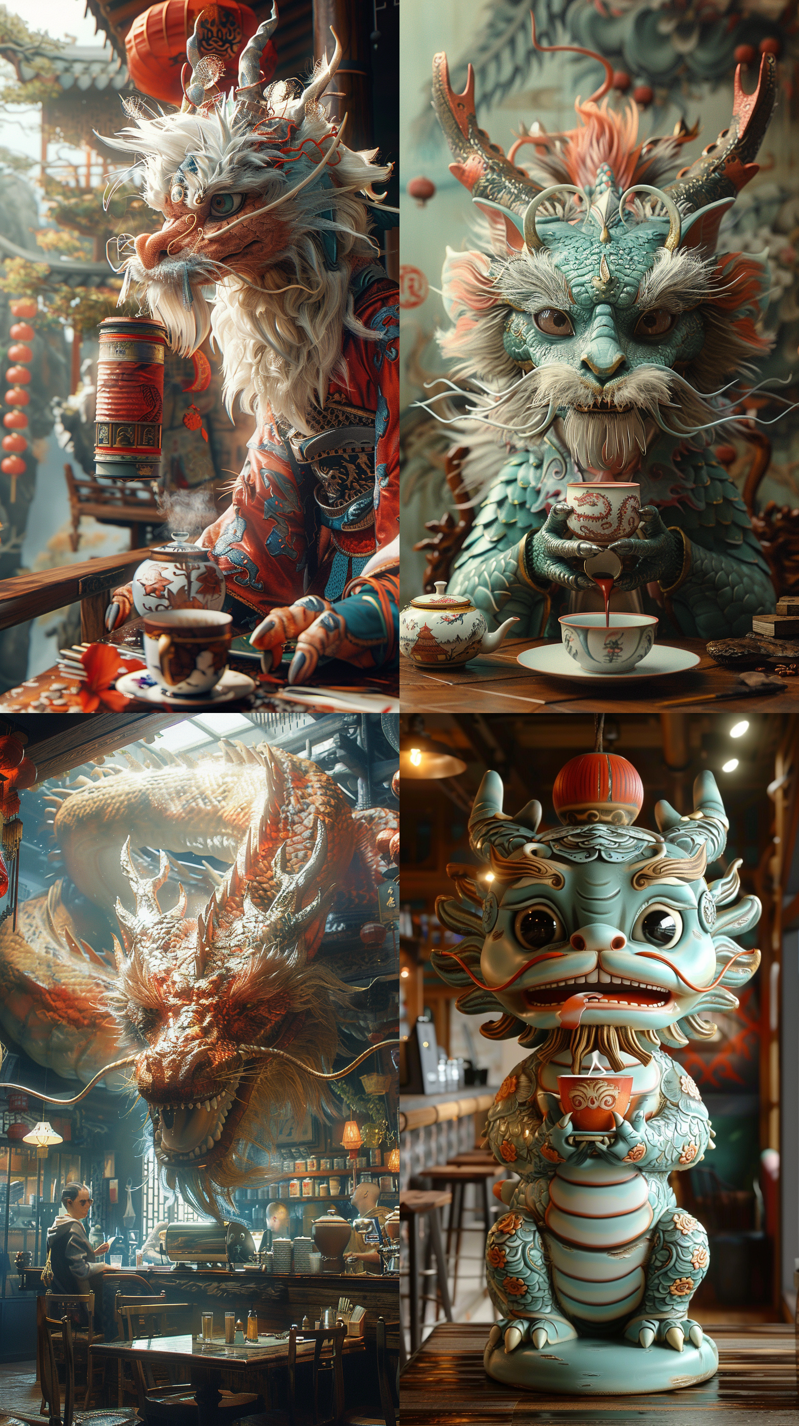 一条巨型中国龙在 tird wave 咖啡馆喝咖啡的逼真渲染