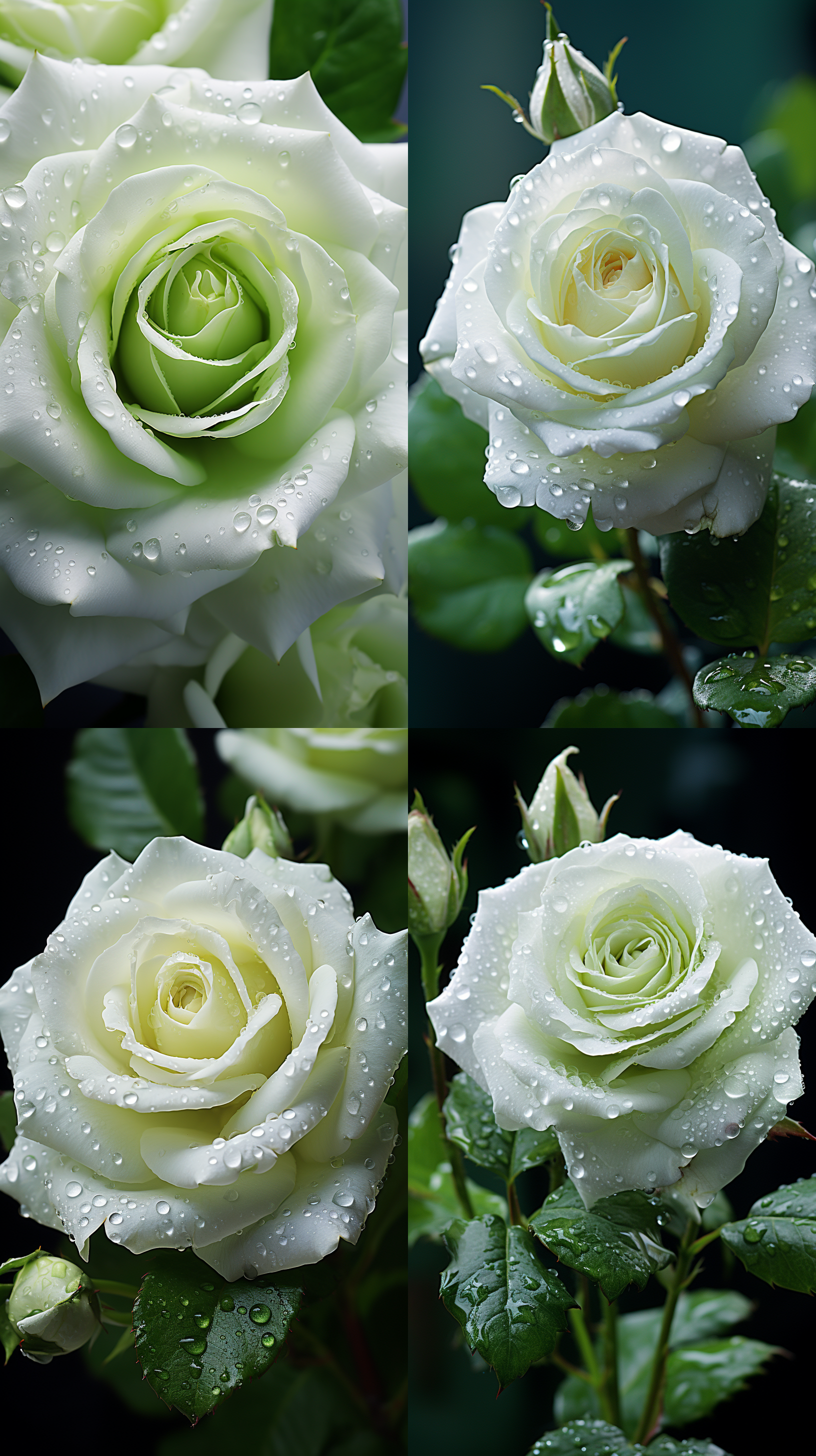 white rose macro photography, waxy texture, semi- p etals, natural light, soft focus, deep green backgrou nd, high saturation, delicate texture, tranq uil atmosphere.