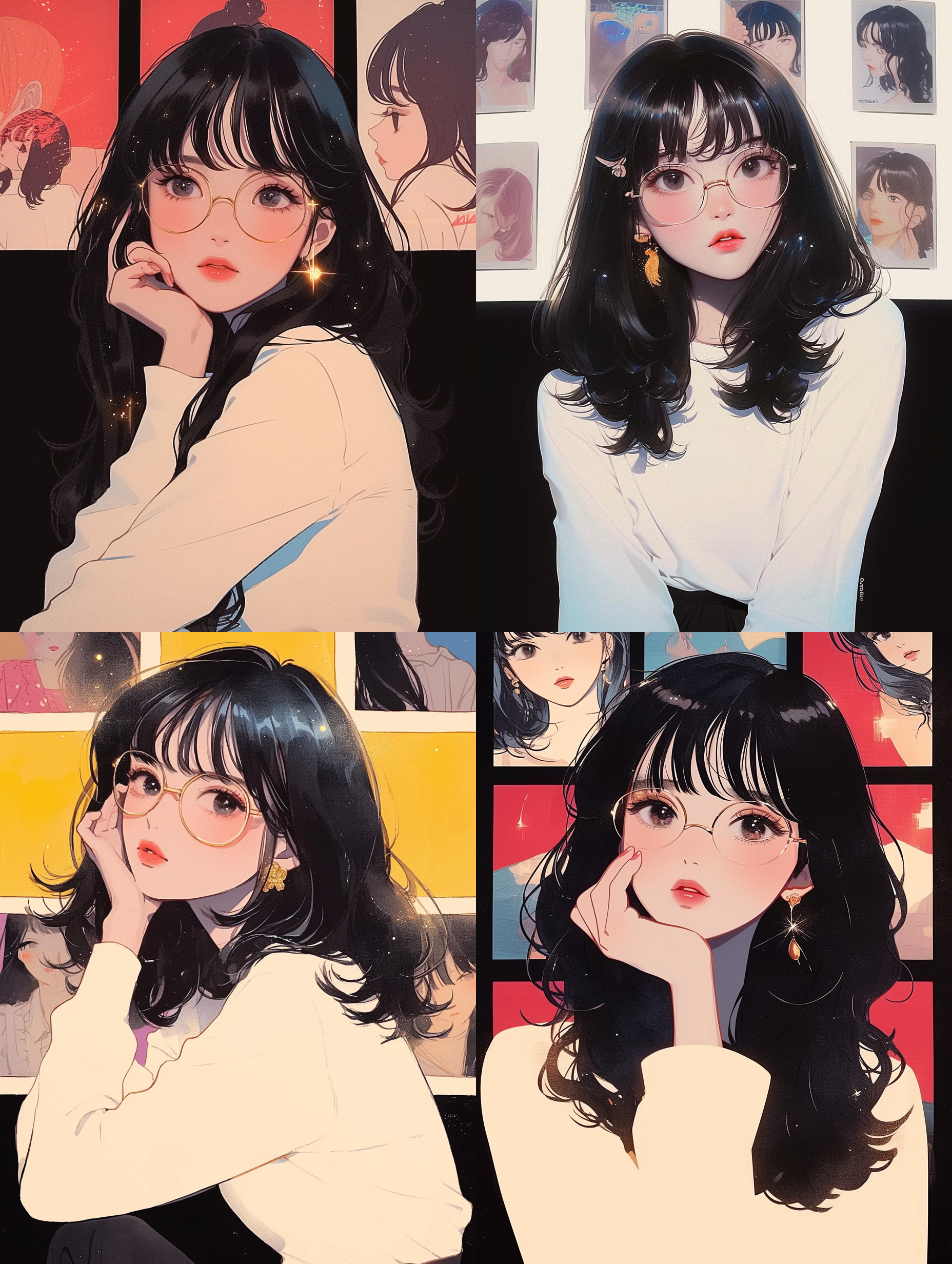 黑色长发，直发，带眼镜，平刘海，大眼睛，红棕色的唇色，卷翘的睫毛，白色短袖，甜酷风，复古风，昭和漫画迪斯科女孩，拼贴手帐
